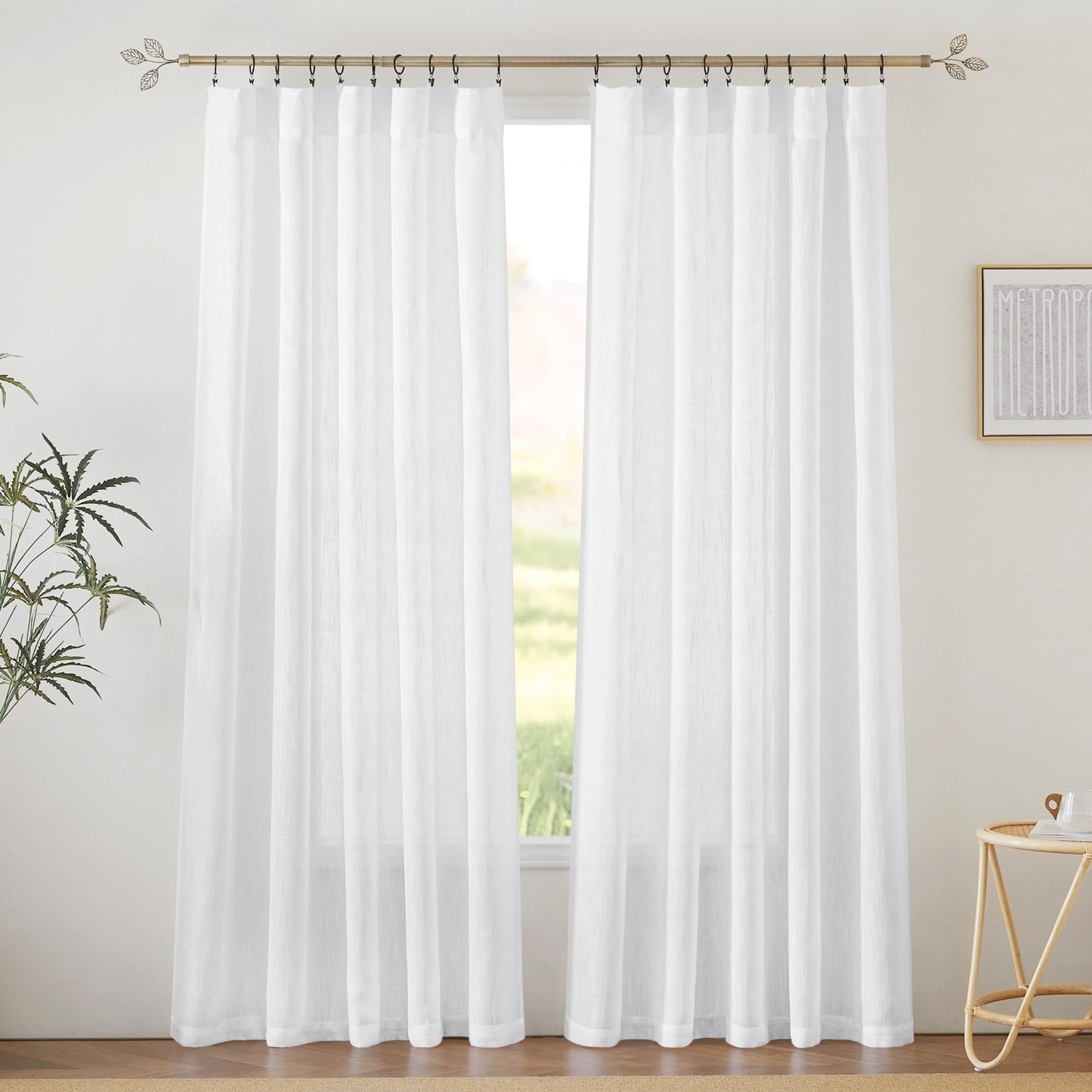 RYB HOME Farmhouse Sheer Curtains 108 inch Length, Semi Sheer Curtain & Drapes Large Window Dressing Lights & Winds Filter for Bedroom Home Office Living Room, Linen, W 70 x L 108 inch Long, 1 Pair