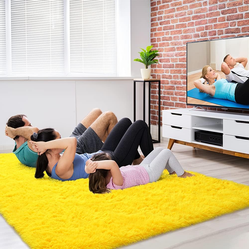 Amearea Yellow 6×9ft Soft Shag Rug, Non-slip Fluffy Carpet for Bedroom, Living Room & Nursery