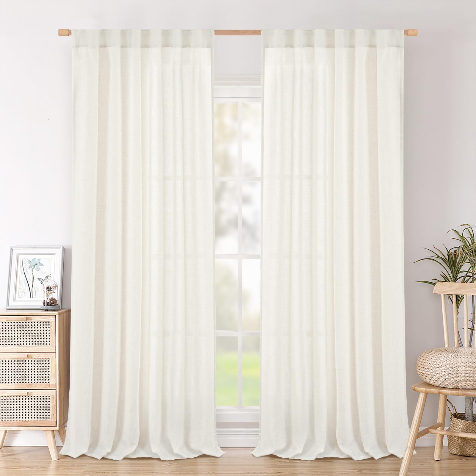 BGment Long 102 Inch Length Linen Curtains for Living Room, Natural Rod Pocket Textured Burlap Drapes Rustic Country Light Filtering for Bedroom Semi Sheer Back Tab, 2 Panel, 52 Inch Wide Each Panel