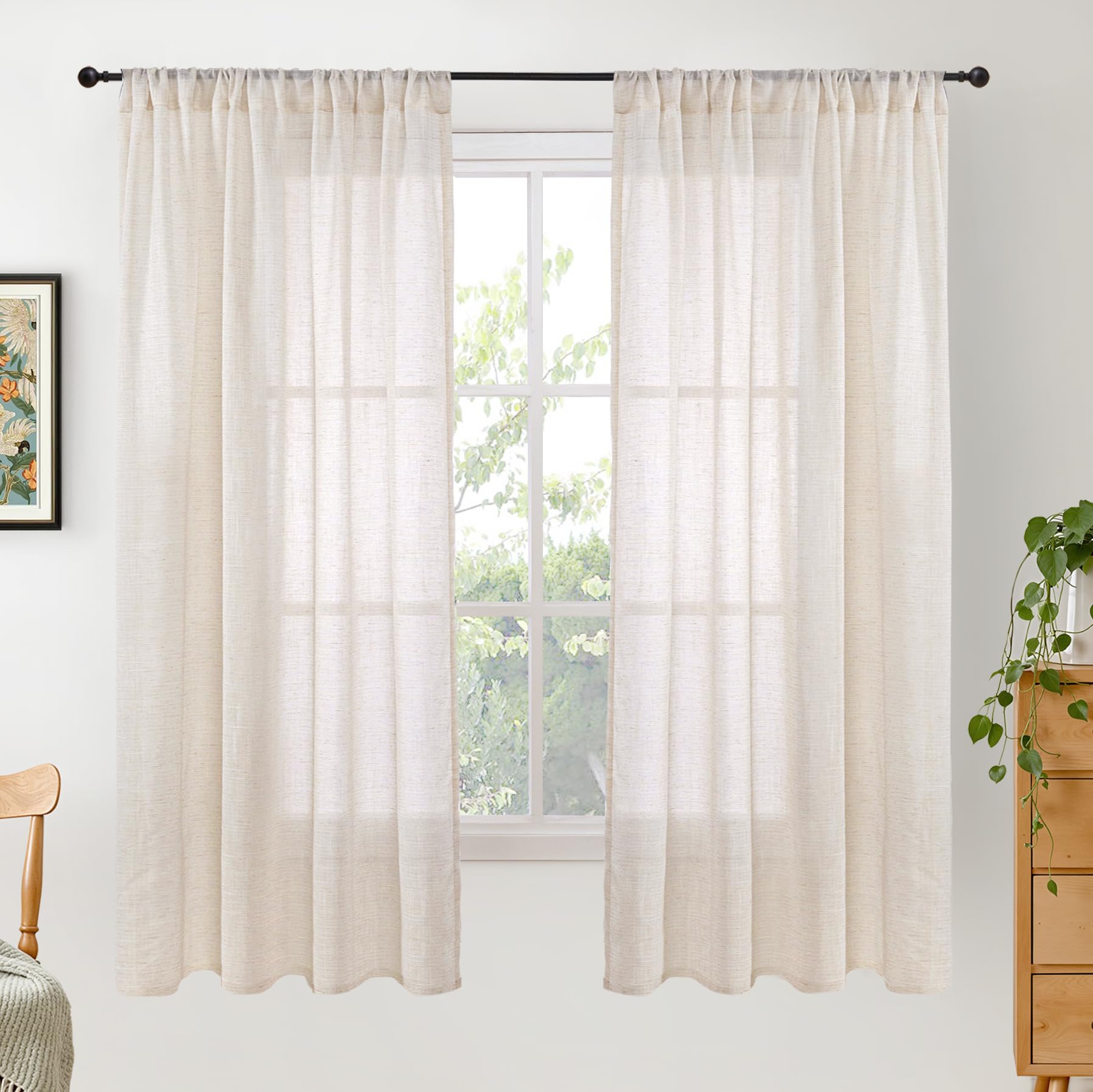 BGment 90 Inches Long Curtains Linen Semi Sheer, Light Filtering Window Treatments Drapes with Rod Pocket Lightweight for Living Room Bedroom, 2 Panels, 52 Inch Wide Each Panel