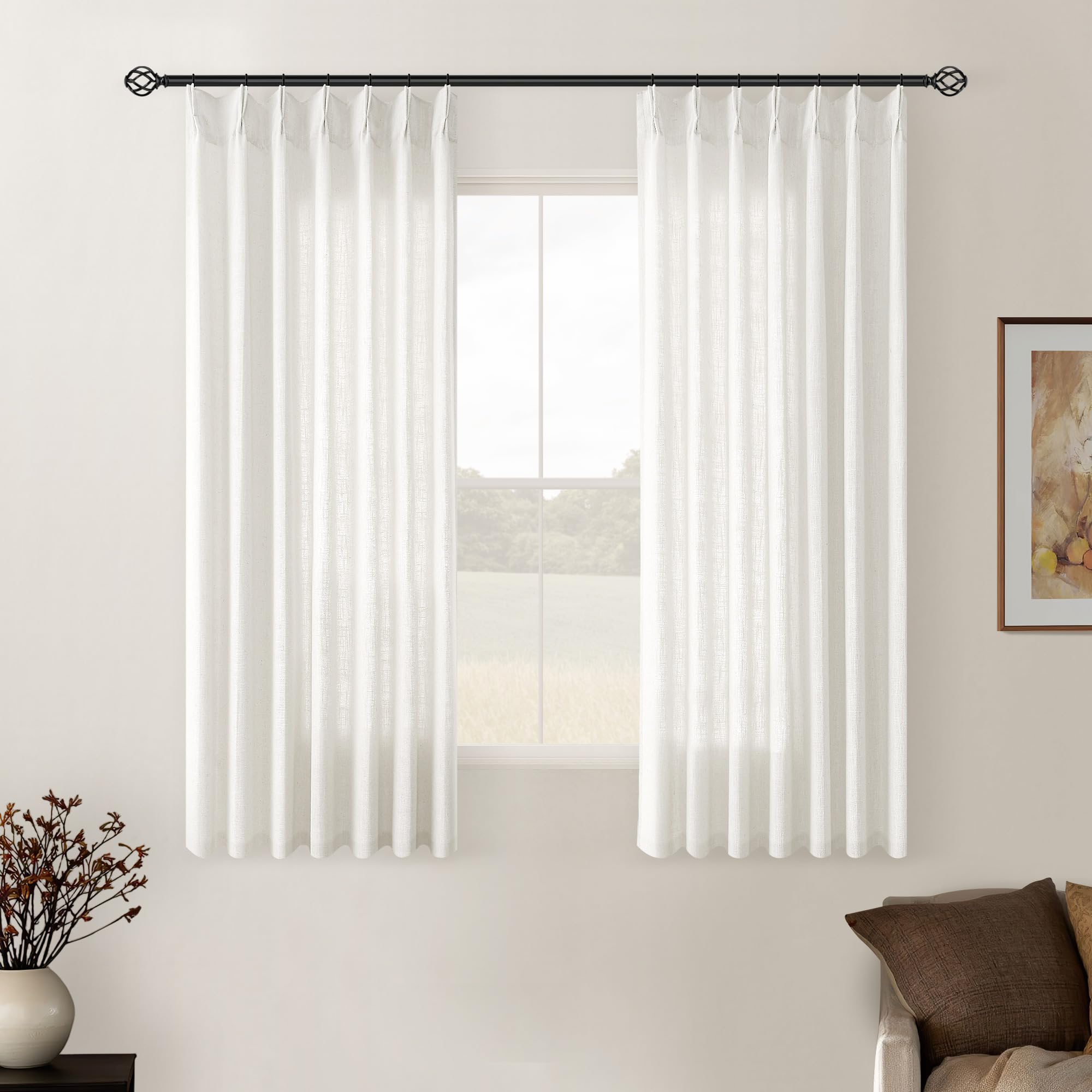 90 Inch Pinch Pleated Linen Curtains 2 Panel Set for Living Room Cream Natural Thick Linen Textured Drapes 90 Inches Long Pinch Pleat Drapes Birch Ivory Semi Sheer Curtain for Dining Bedroom Office