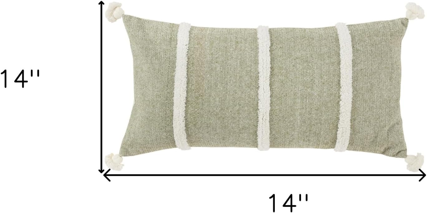 14" X 14" Green and White Cotton Pillow with Tassels Edges