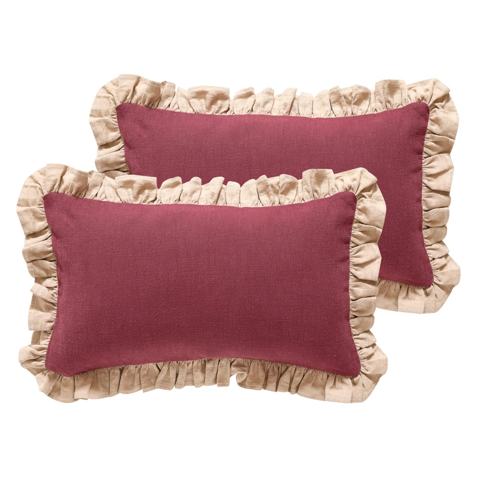patdrea Rhodo Shabby Chic Decorative Throw Pillow Covers 22x22 Set of 2,Farmhouse Red Linen Pillow Covers with Ruffles,Square Sturdy Throw Pillow Case for Couch Sofa Bed Living Room