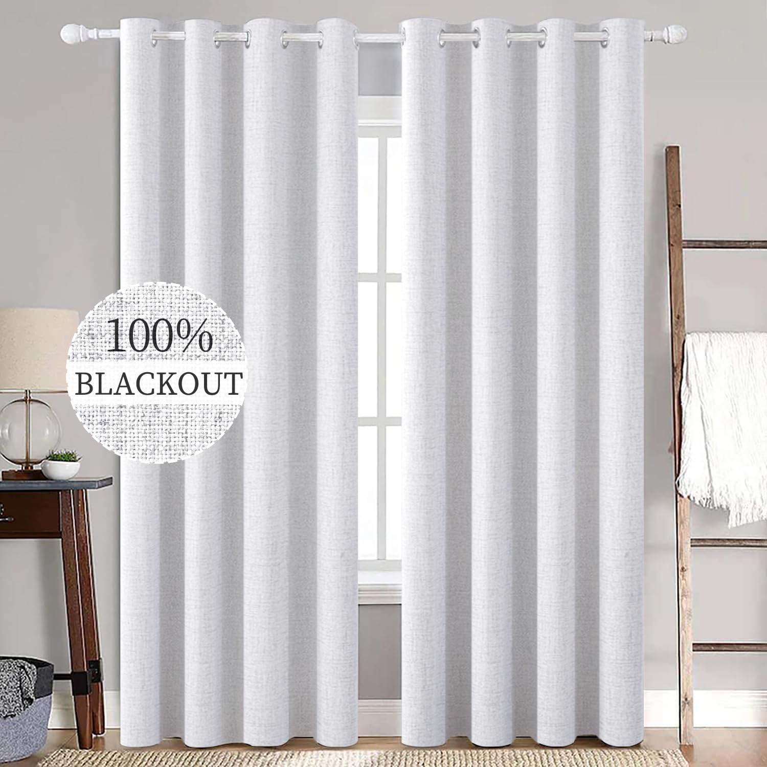 MIULEE 100% Blackout Linen Curtains for Bedroom Thermal Insulated Birch Grommet Room Darkening Curtains & Drapes for Living Room Nursery 52 x 96 Inch (2 Panels)