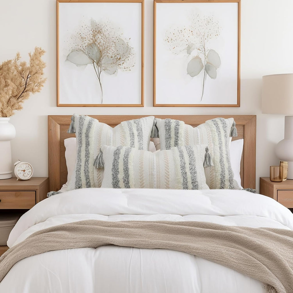 decorUhome Summer Decorative Boho Throw Pillow Covers 20x20 Set of 2, Accent Neutral Textured Tufted Pillow Covers Striped for Couch Bed Sofa Living Room, Light Grey and Cream White