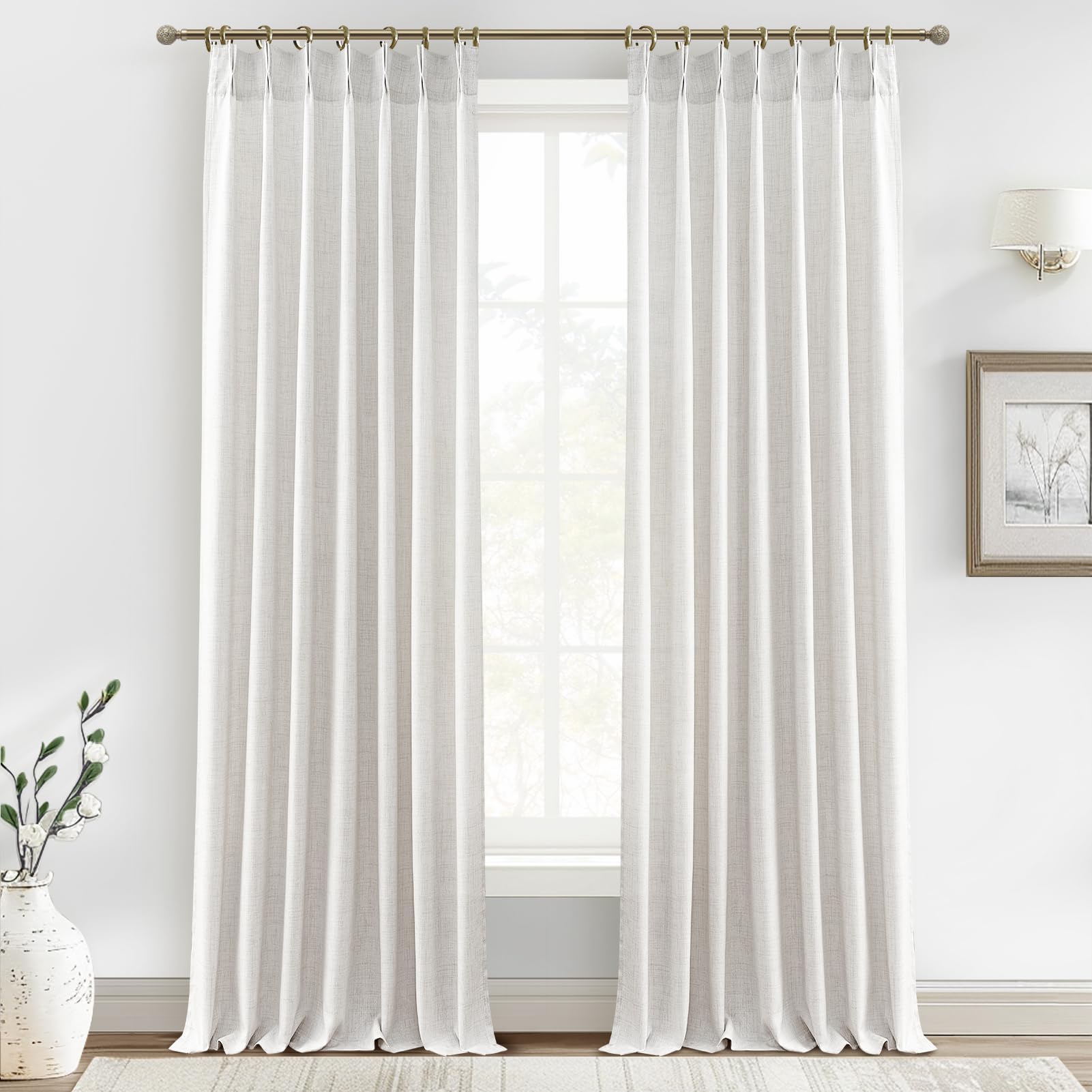 PleatedDrapes 96 Inch Curtains 2 Panel Set, Modern Linen Pleat Back Tab Dining Room Window Curtains Light Filtering Aesthetic Semi Sheer Living Room Drapes with Hooks Ring Cream Oatmeal W40 x L96