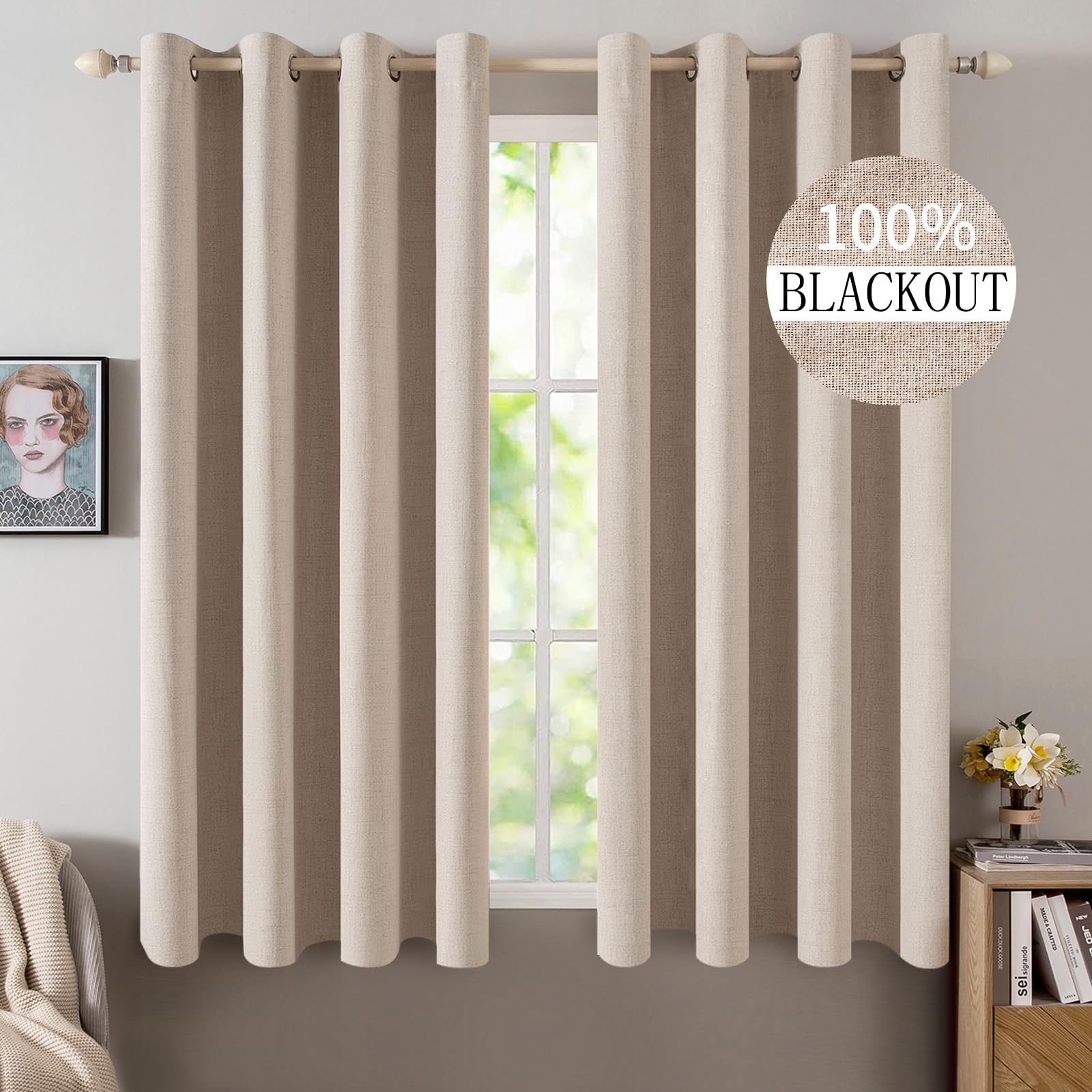 MIULEE 100% Blackout Linen Curtains for Bedroom Thermal Insulated Birch Grommet Room Darkening Curtains & Drapes for Living Room Nursery 52 x 96 Inch (2 Panels)