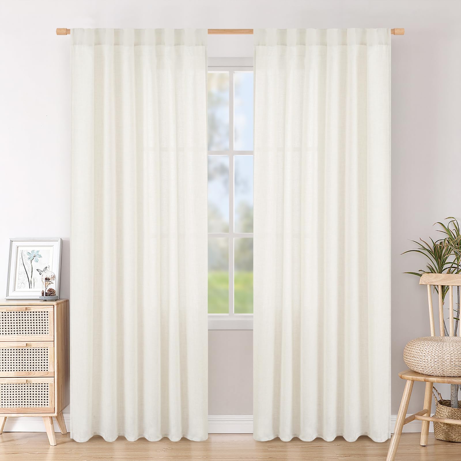 BGment Long 102 Inch Length Linen Curtains for Living Room, Natural Rod Pocket Textured Burlap Drapes Rustic Country Light Filtering for Bedroom Semi Sheer Back Tab, 2 Panel, 52 Inch Wide Each Panel