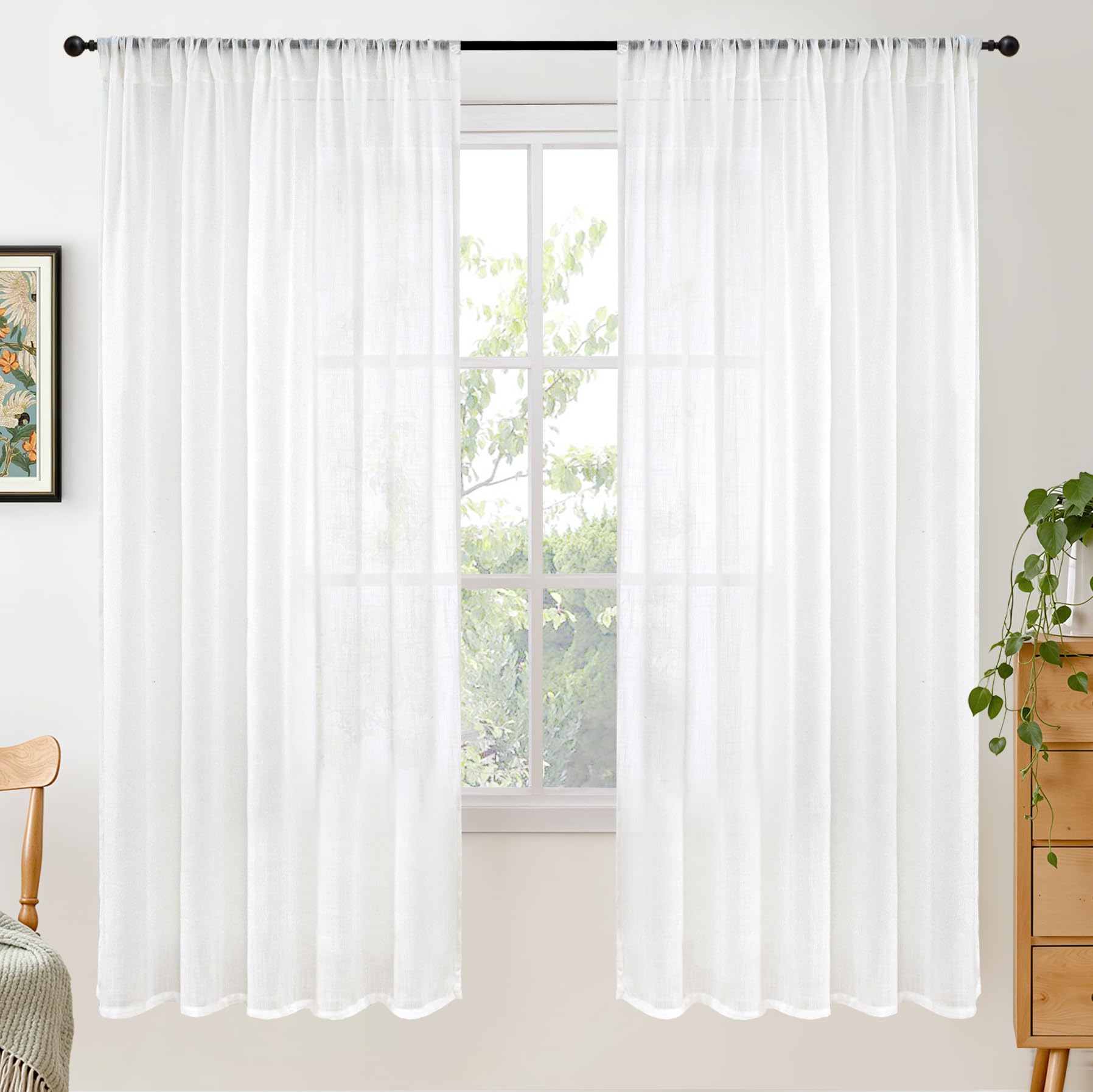 BGment 90 Inches Long Curtains Linen Semi Sheer, Light Filtering Window Treatments Drapes with Rod Pocket Lightweight for Living Room Bedroom, 2 Panels, 52 Inch Wide Each Panel