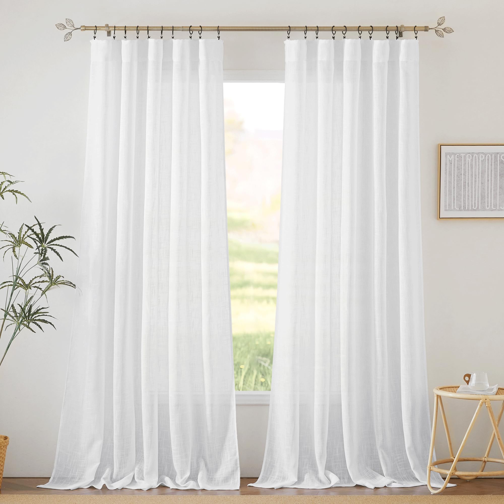 RYB HOME Farmhouse Sheer Curtains 108 inch Length, Semi Sheer Curtain & Drapes Large Window Dressing Lights & Winds Filter for Bedroom Home Office Living Room, Linen, W 70 x L 108 inch Long, 1 Pair