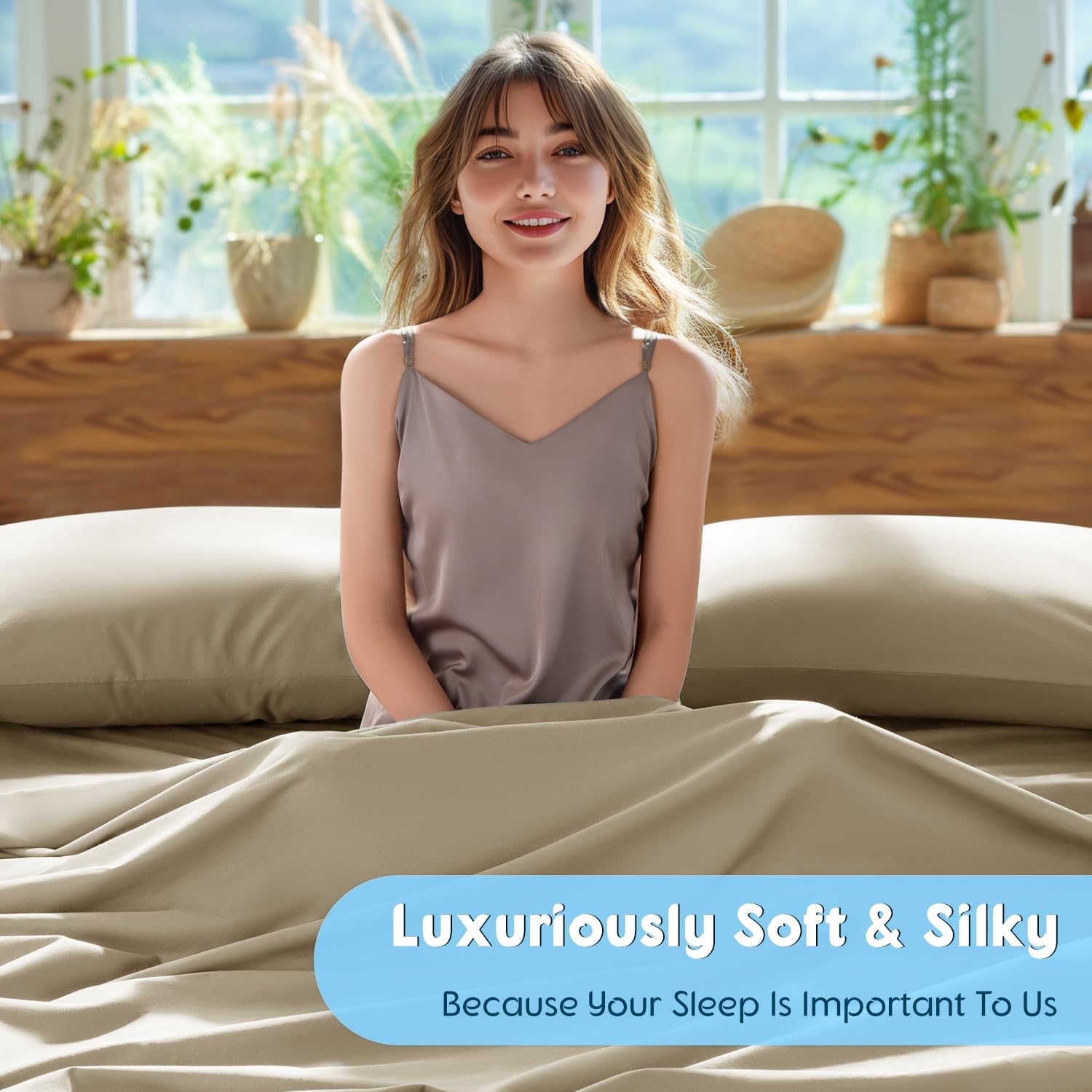 SONORO KATE 100% Egyptian Cotton Sheets Set, Extra Deep Pocket up to 18"-24",1000 High Thread Count, Soft & Breathable 5-Star Hotel Sateen Bed Sheets - 4 PC (Linen,Queen)