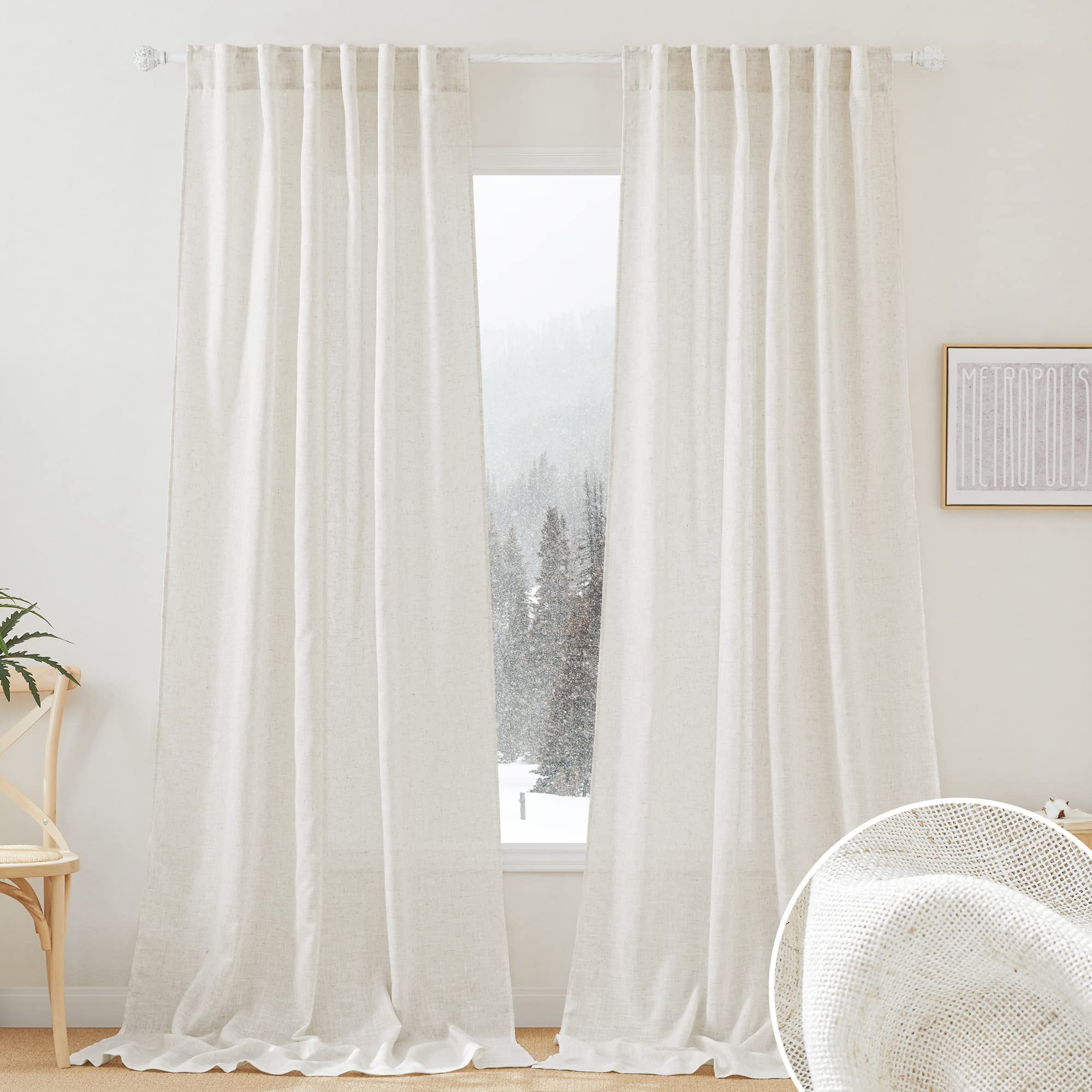 RYB HOME Farmhouse Sheer Curtains 108 inch Length, Semi Sheer Curtain & Drapes Large Window Dressing Lights & Winds Filter for Bedroom Home Office Living Room, Linen, W 70 x L 108 inch Long, 1 Pair