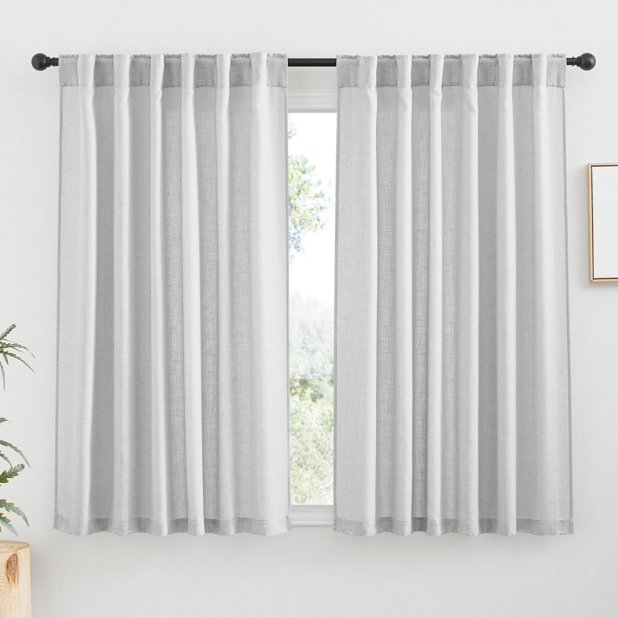 RYB HOME Farmhouse Sheer Curtains 108 inch Length, Semi Sheer Curtain & Drapes Large Window Dressing Lights & Winds Filter for Bedroom Home Office Living Room, Linen, W 70 x L 108 inch Long, 1 Pair