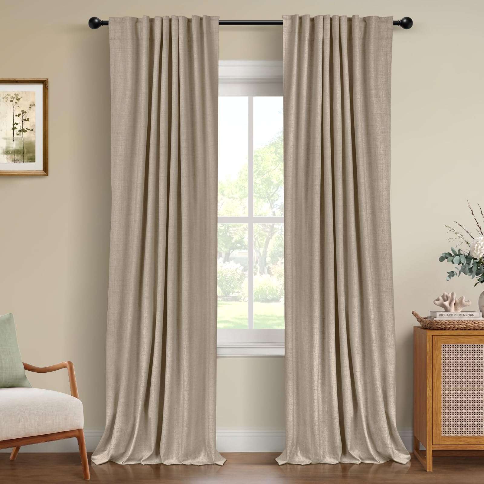 Oatmeal 2-Panel Linen Blackout Curtains, 50"W x 96"L, Thermal Insulated, Back Tab & Rod Pocket for Bedroom & Living Room