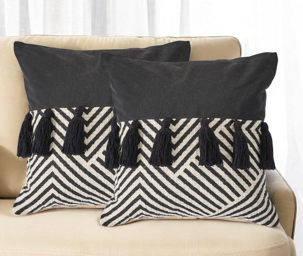 HomeRoots Set of Two Black and White Chevron Cotton Throw Pillow with Tassels