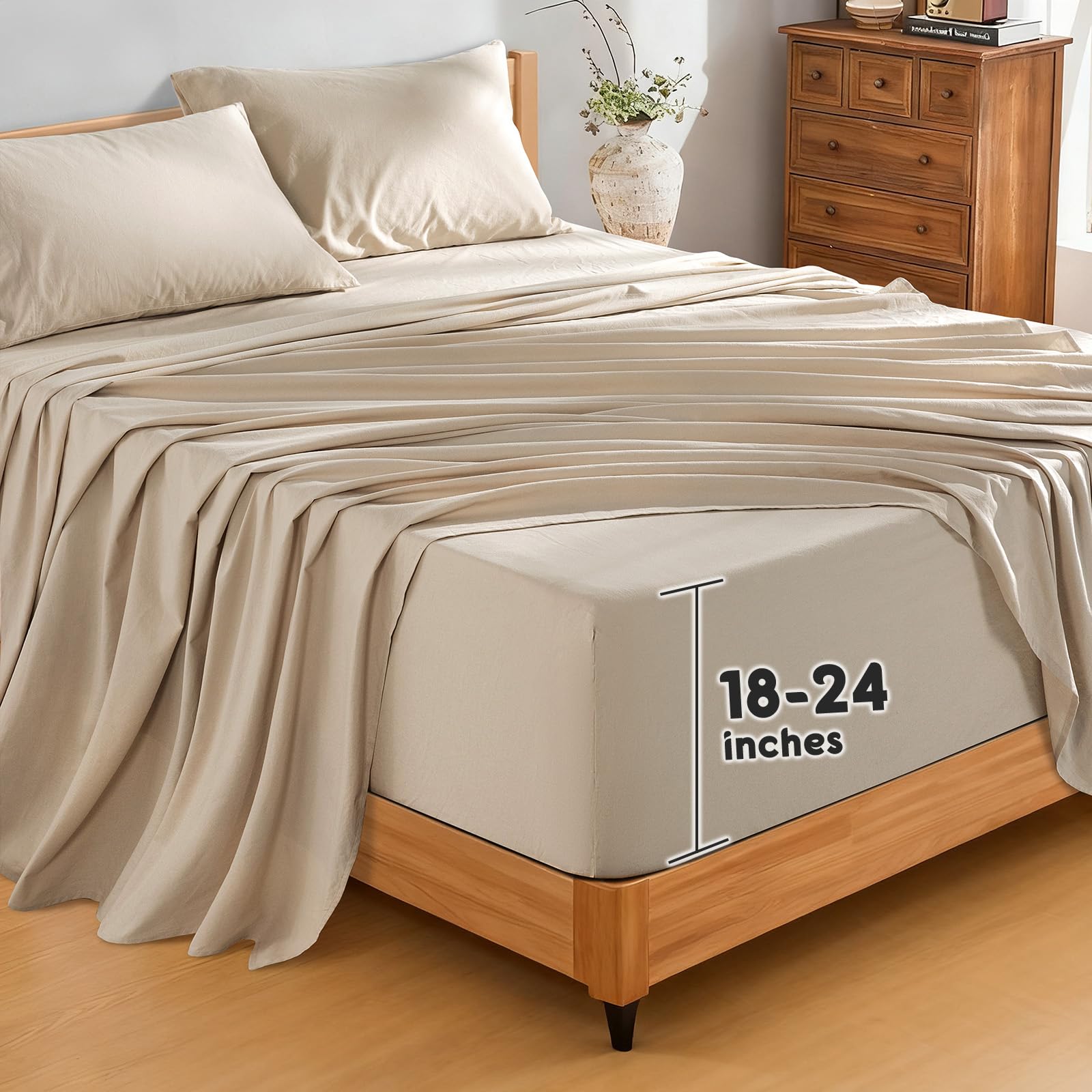 SONORO KATE 100% French Pure Linen Sheets, Breathable and Durable Linen King Size Sheets, Anti-Tear Linen Bed Sheets, Machine Washable, 16 Inch Deep Pocket - 4 Piece (Natural Linen, King)
