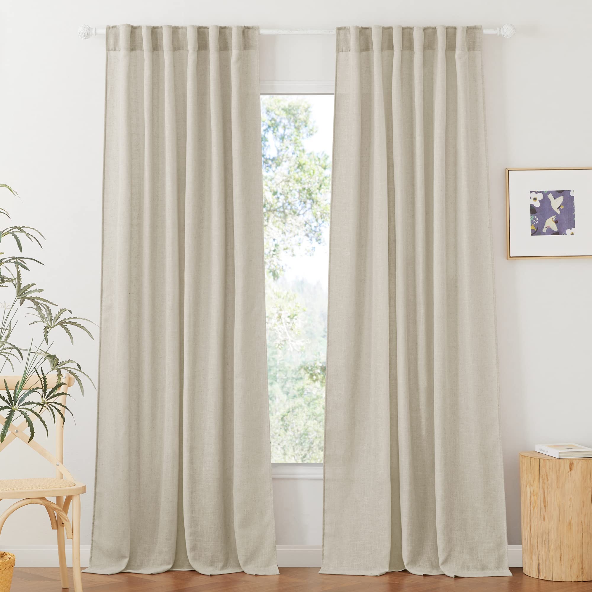 RYB HOME Farmhouse Sheer Curtains 108 inch Length, Semi Sheer Curtain & Drapes Large Window Dressing Lights & Winds Filter for Bedroom Home Office Living Room, Linen, W 70 x L 108 inch Long, 1 Pair