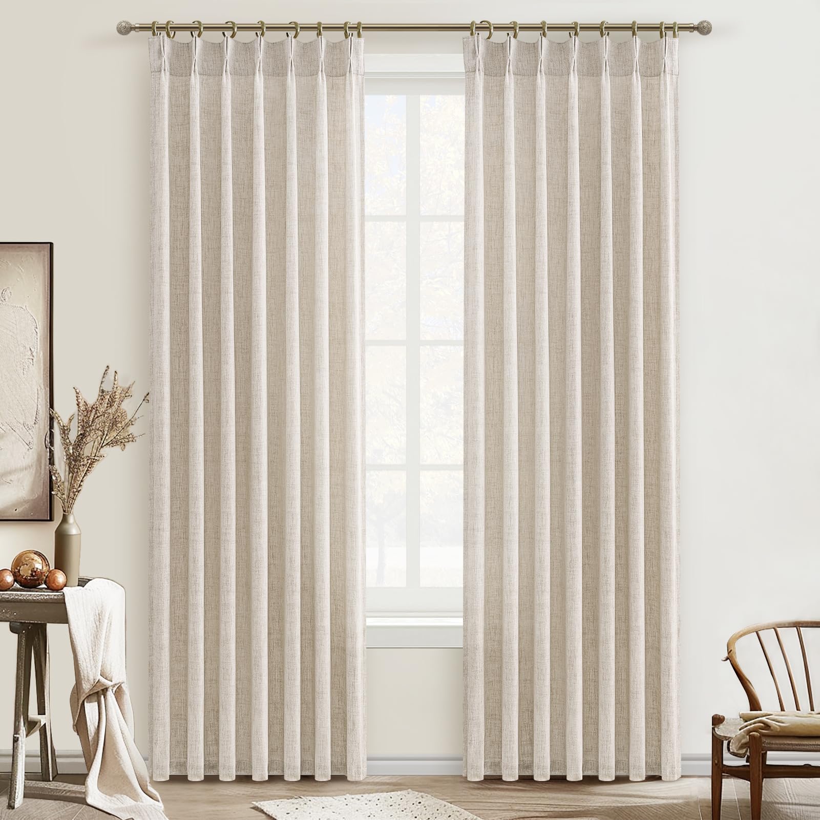 PleatedDrapes 96 Inch Curtains 2 Panel Set, Modern Linen Pleat Back Tab Dining Room Window Curtains Light Filtering Aesthetic Semi Sheer Living Room Drapes with Hooks Ring Cream Oatmeal W40 x L96