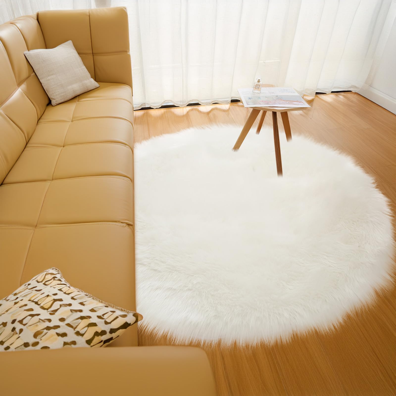 Luxury Faux Sheepskin Area Rugs Supersoft Fluffy Shaggy Round Floor Carpet Mat Decorative Throw Cover- Children Play Carpet for Living & Bedroom Sofa Light Pink, 5 ft Diameter