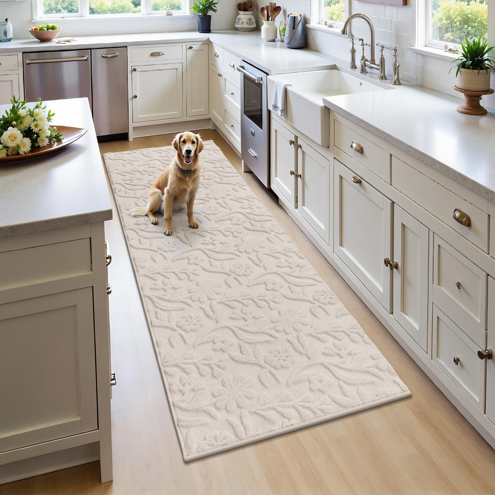 Vaukki Round Rug for Living Room, Soft Fluffy Washable Modern Floral Indoor Floor Mat, Non Slip Shaggy Boho Accent Throw Carpet for Bedroom, Living Room, Nursery and Dining Room, Beige, Round-6Ft