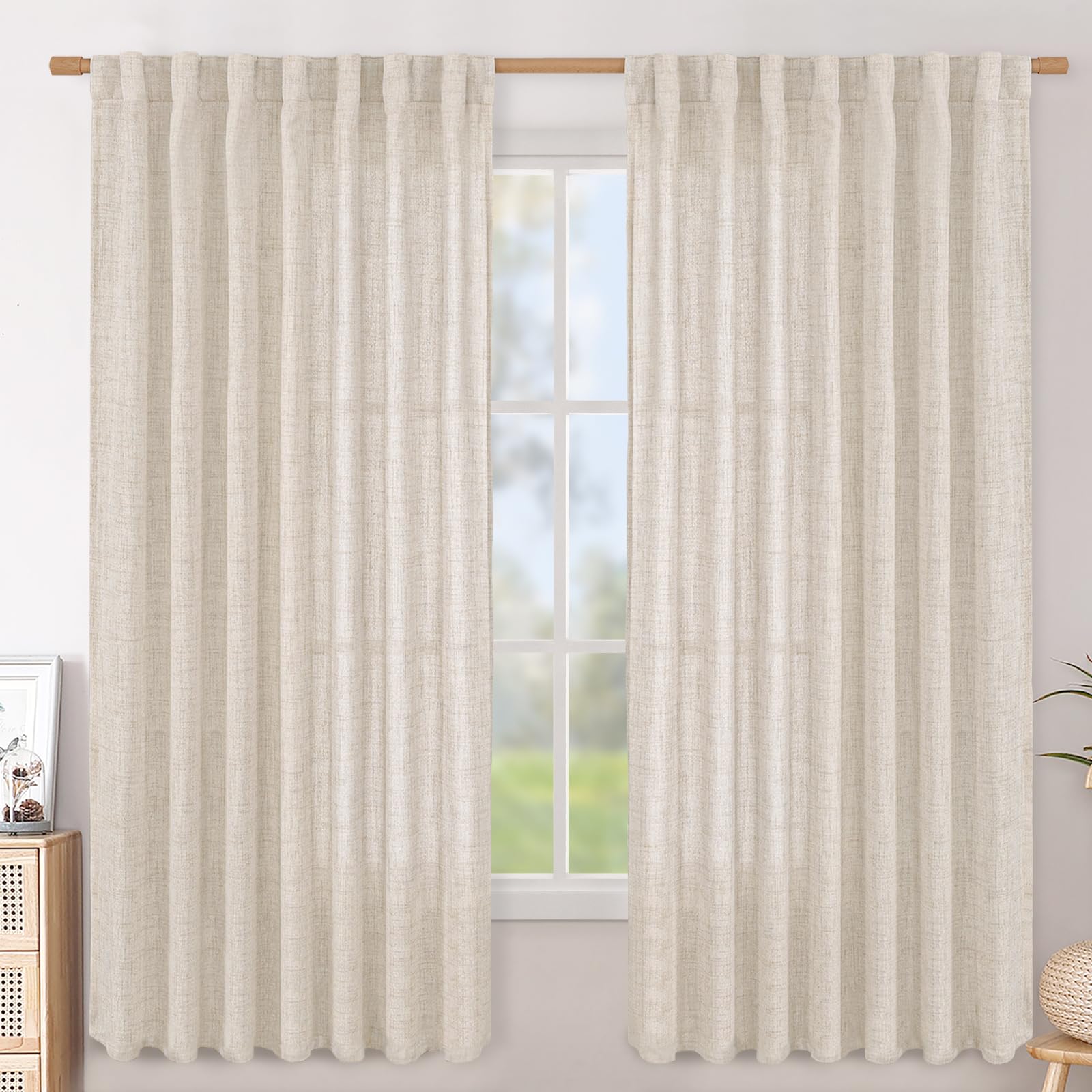 BGment Long 102 Inch Length Linen Curtains for Living Room, Natural Rod Pocket Textured Burlap Drapes Rustic Country Light Filtering for Bedroom Semi Sheer Back Tab, 2 Panel, 52 Inch Wide Each Panel
