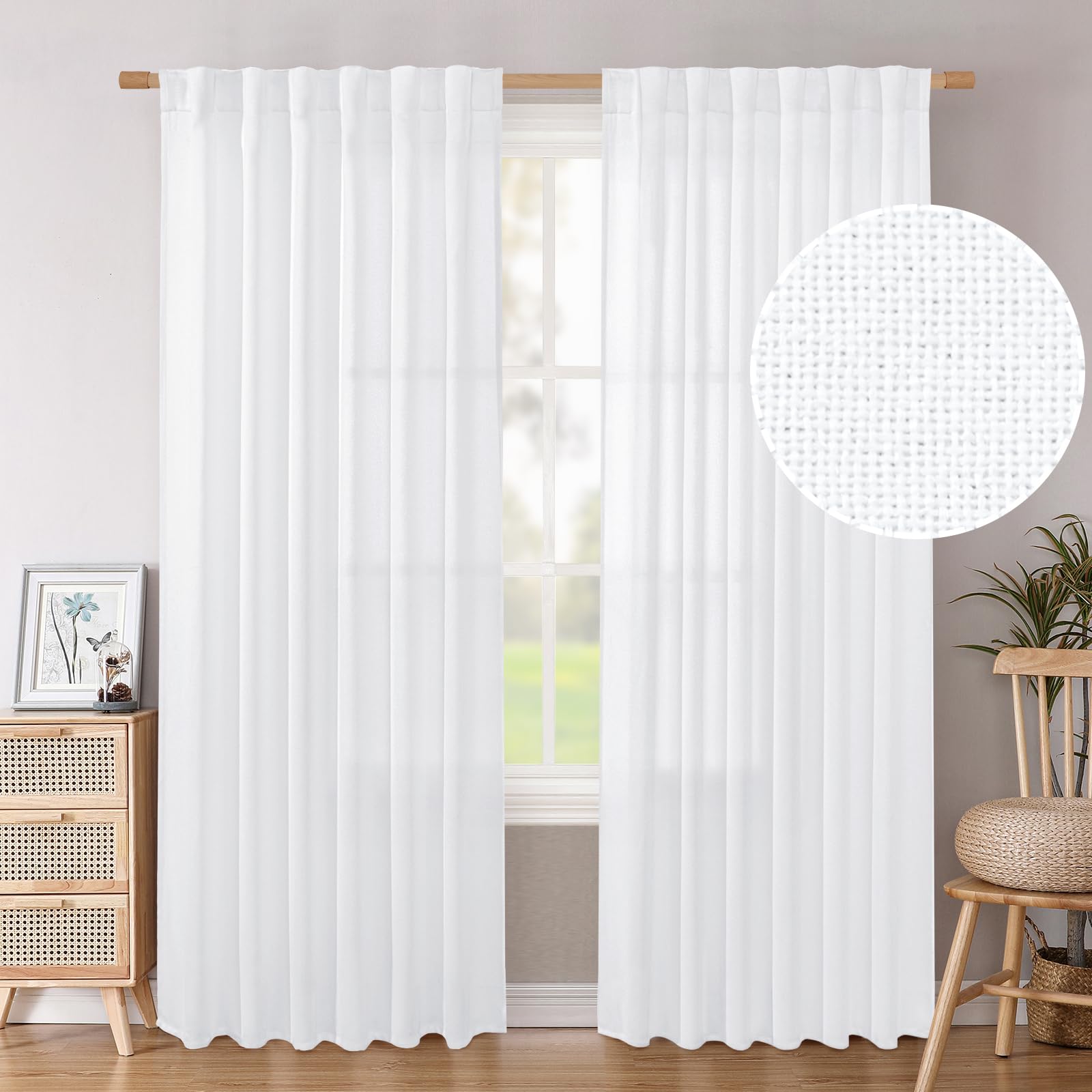 BGment Long 102 Inch Length Linen Curtains for Living Room, Natural Rod Pocket Textured Burlap Drapes Rustic Country Light Filtering for Bedroom Semi Sheer Back Tab, 2 Panel, 52 Inch Wide Each Panel