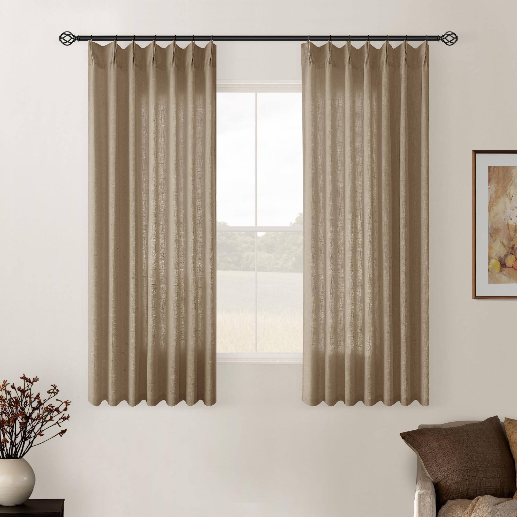 90 Inch Pinch Pleated Linen Curtains 2 Panel Set for Living Room Cream Natural Thick Linen Textured Drapes 90 Inches Long Pinch Pleat Drapes Birch Ivory Semi Sheer Curtain for Dining Bedroom Office
