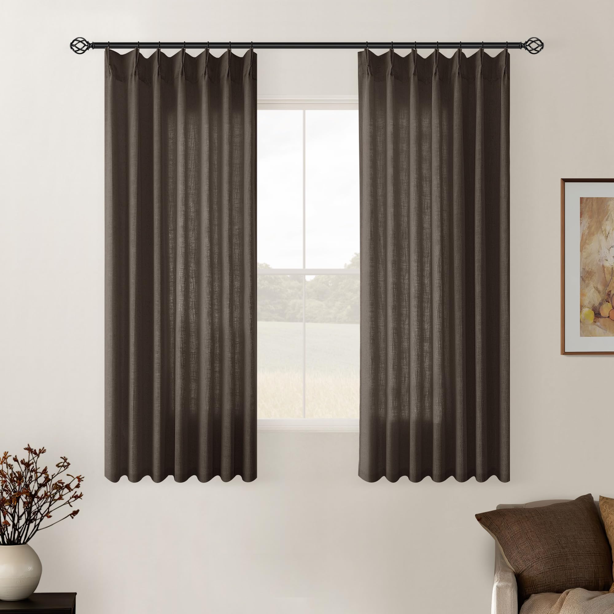 90 Inch Pinch Pleated Linen Curtains 2 Panel Set for Living Room Cream Natural Thick Linen Textured Drapes 90 Inches Long Pinch Pleat Drapes Birch Ivory Semi Sheer Curtain for Dining Bedroom Office