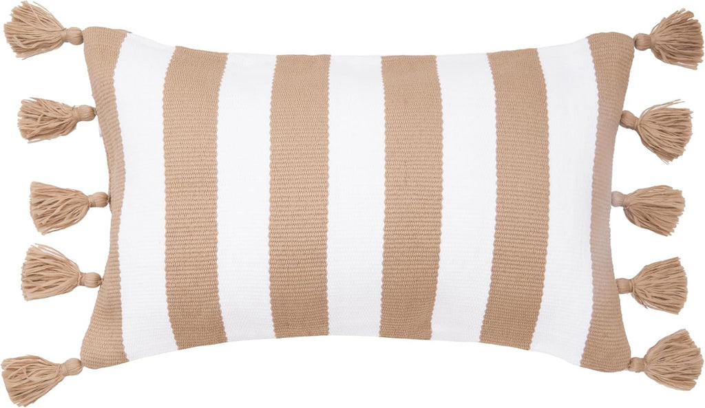 C&F Home Cabana Khaki Stripes Tassels Indoor/Outdoor Accent Pillow 14" x 22" Versatile Coastal Beach House Nautical Tropical Home Living Room Sofa Couch Chair Porch Patio 100% Polyester Decor