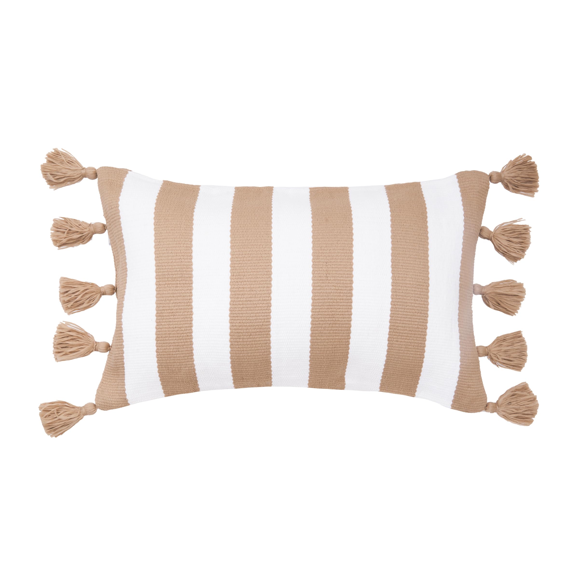 C&F Home Cabana Khaki Stripes Tassels Indoor/Outdoor Accent Pillow 14" x 22" Versatile Coastal Beach House Nautical Tropical Home Living Room Sofa Couch Chair Porch Patio 100% Polyester Decor