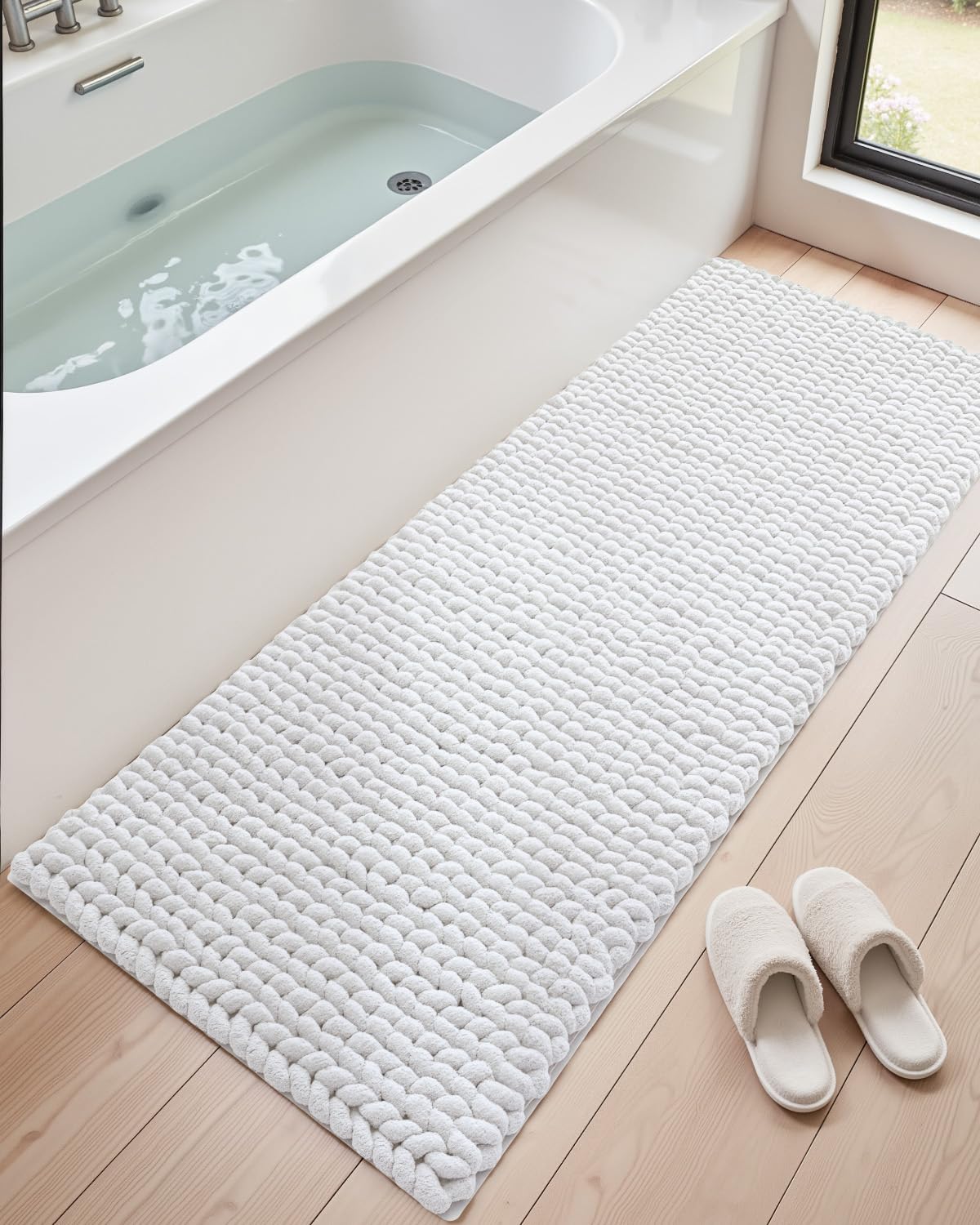 DEXI Bathroom Rugs 24x43, Non Slip Washable Bath Mat, Luxury Chenille Super Absorbent Ultra Thick Bathmats for Shower Floor, Plush Fluffy Shaggy Carpet for Tub, Beige