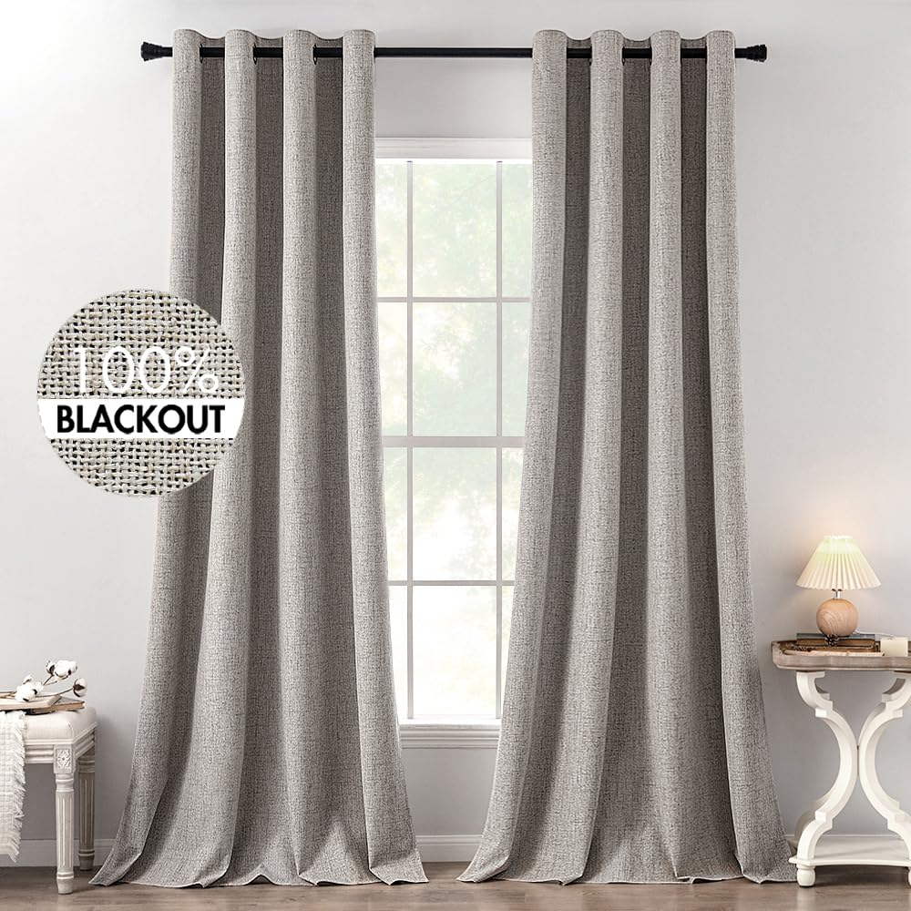 MIULEE 100% Blackout Linen Curtains for Bedroom Thermal Insulated Birch Grommet Room Darkening Curtains & Drapes for Living Room Nursery 52 x 96 Inch (2 Panels)