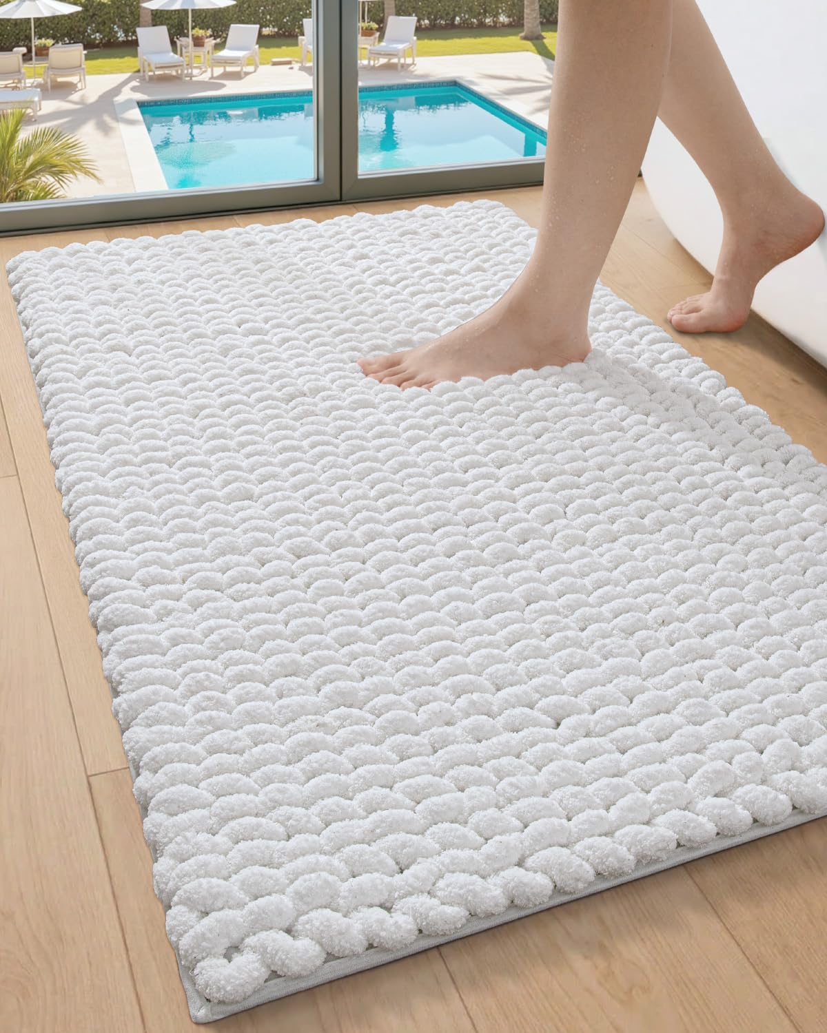 DEXI Bathroom Rugs 24x43, Non Slip Washable Bath Mat, Luxury Chenille Super Absorbent Ultra Thick Bathmats for Shower Floor, Plush Fluffy Shaggy Carpet for Tub, Beige