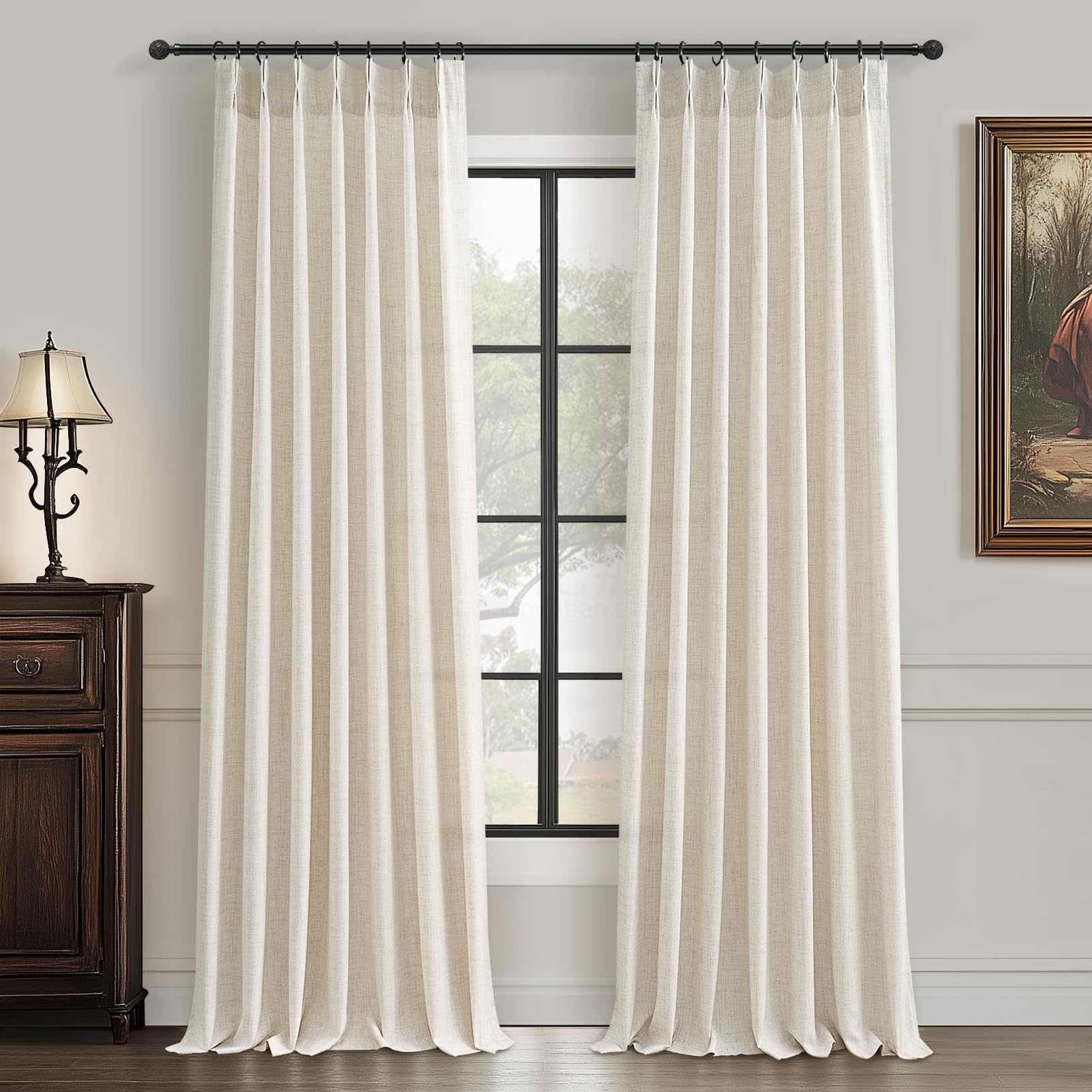 PleatedDrapes 96 Inch Curtains 2 Panel Set, Modern Linen Pleat Back Tab Dining Room Window Curtains Light Filtering Aesthetic Semi Sheer Living Room Drapes with Hooks Ring Cream Oatmeal W40 x L96