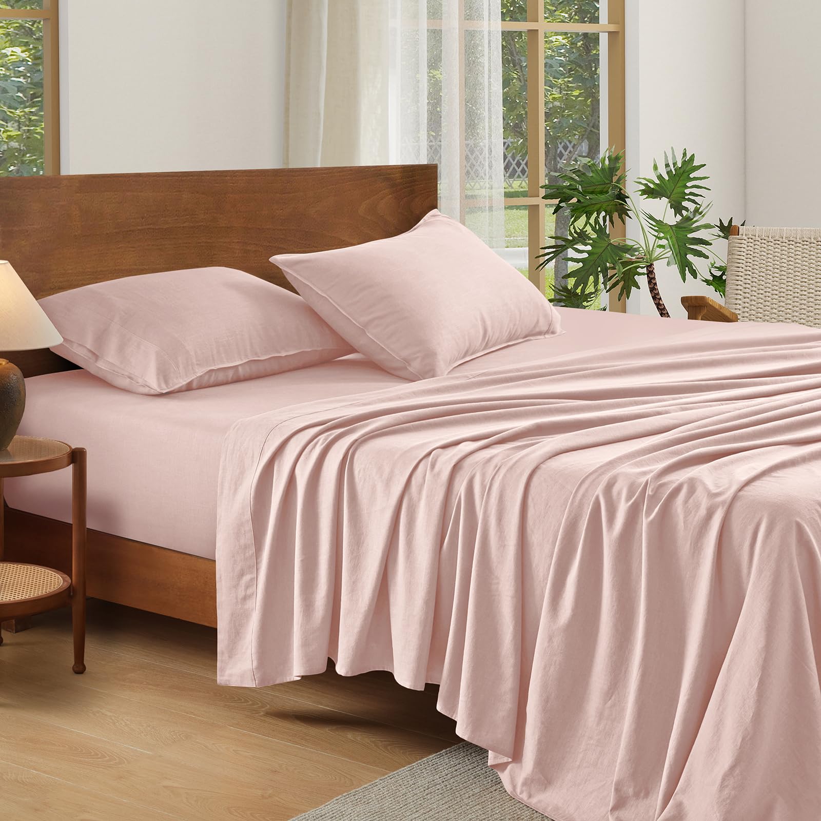 100% French Linen Sheets Natural Linen Queen Size Sheets Set, Breathable and Durable for Hot Sleepers, 4 Pcs Bed Sheets with 16 Inch Deep Pocket - 1 Flat Sheet, 1 Fitted Sheet, 2 Pillowcases