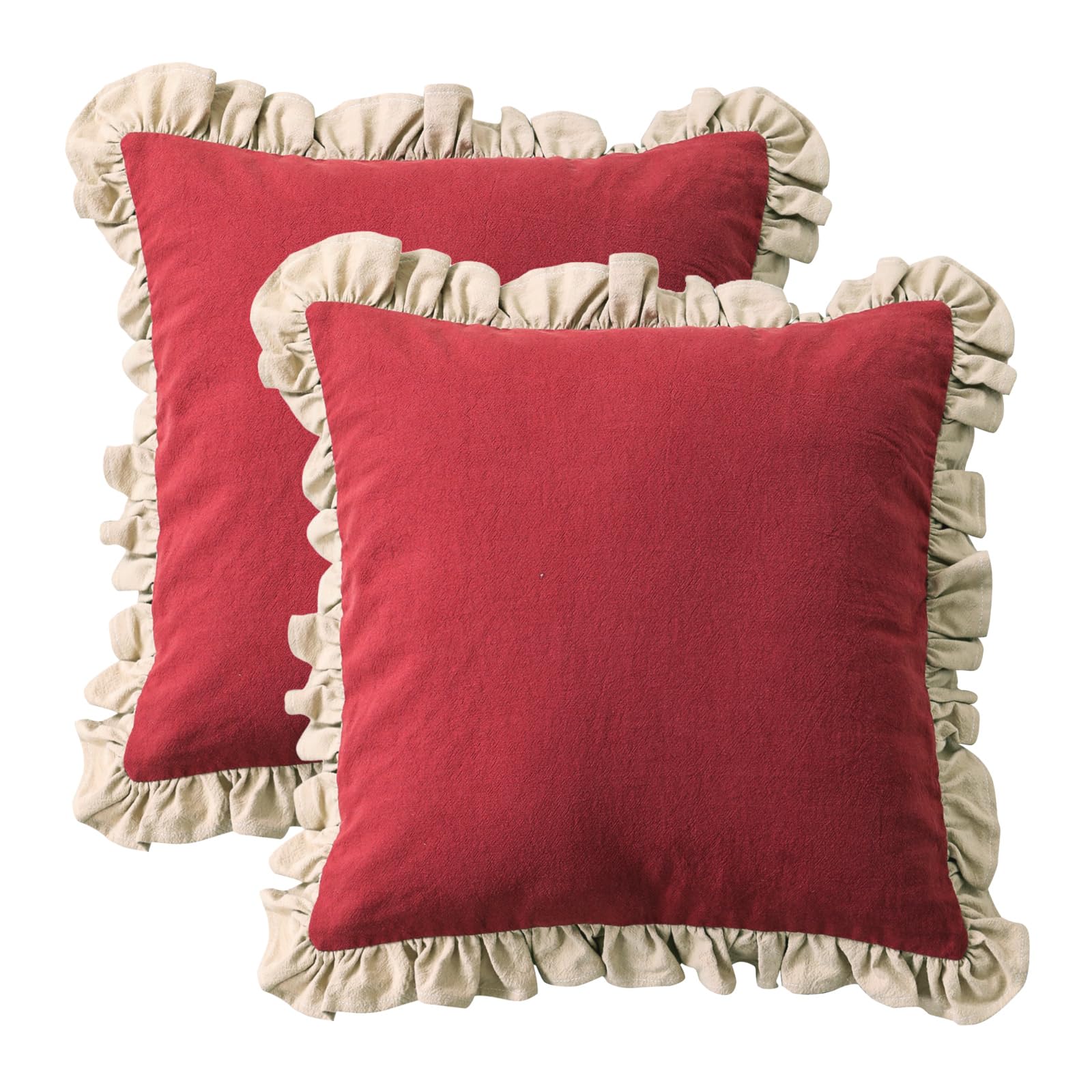 patdrea Rhodo Shabby Chic Decorative Throw Pillow Covers 22x22 Set of 2,Farmhouse Red Linen Pillow Covers with Ruffles,Square Sturdy Throw Pillow Case for Couch Sofa Bed Living Room