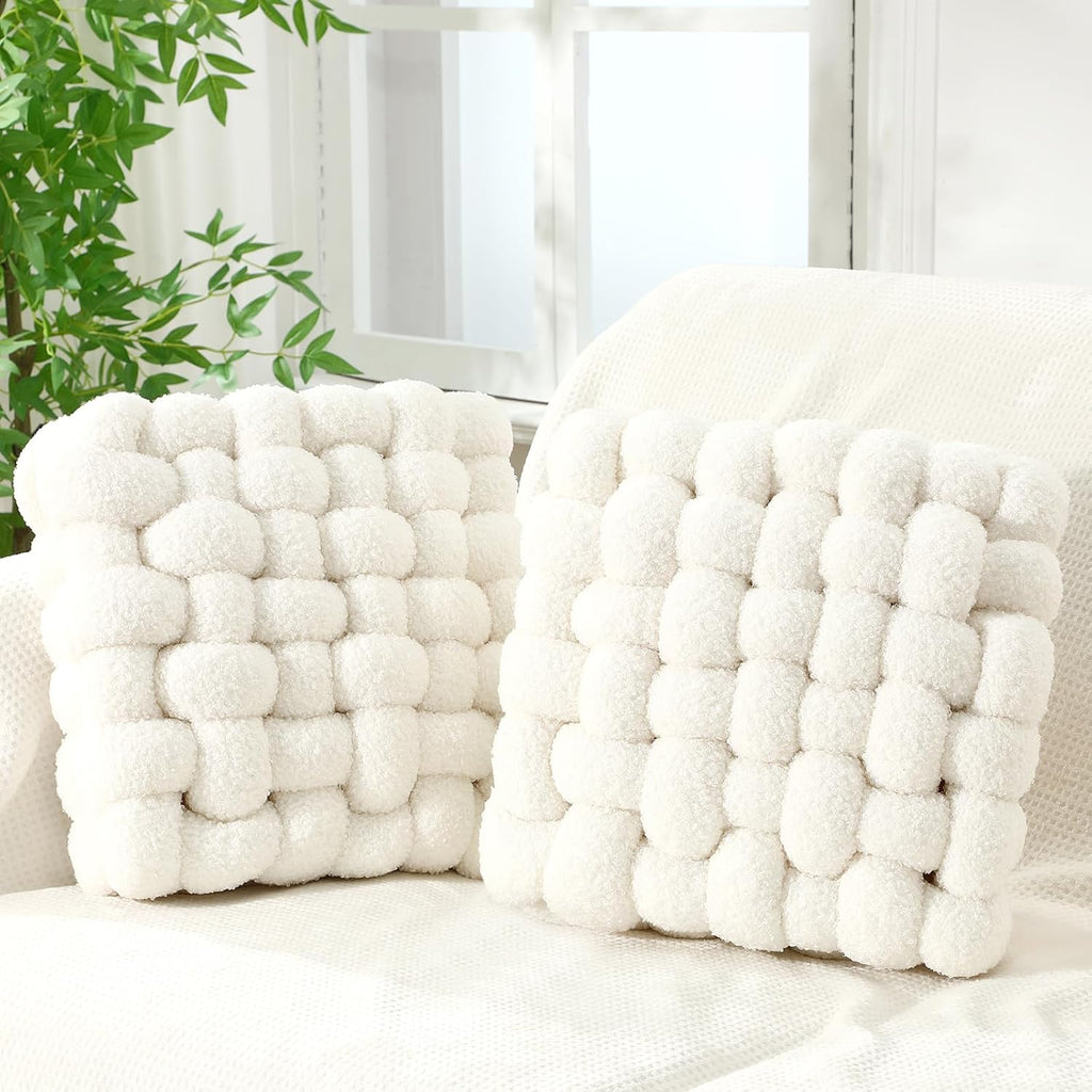 Wenqik 2 Pcs Knot Pillows Square Knotted Plush Throws Soft Accent Pillows Decoration Cushion for Couch Home Office Living Room Bedroom Bed Sofa Decor, 12'' x 13''(Cream White,Lambswool)