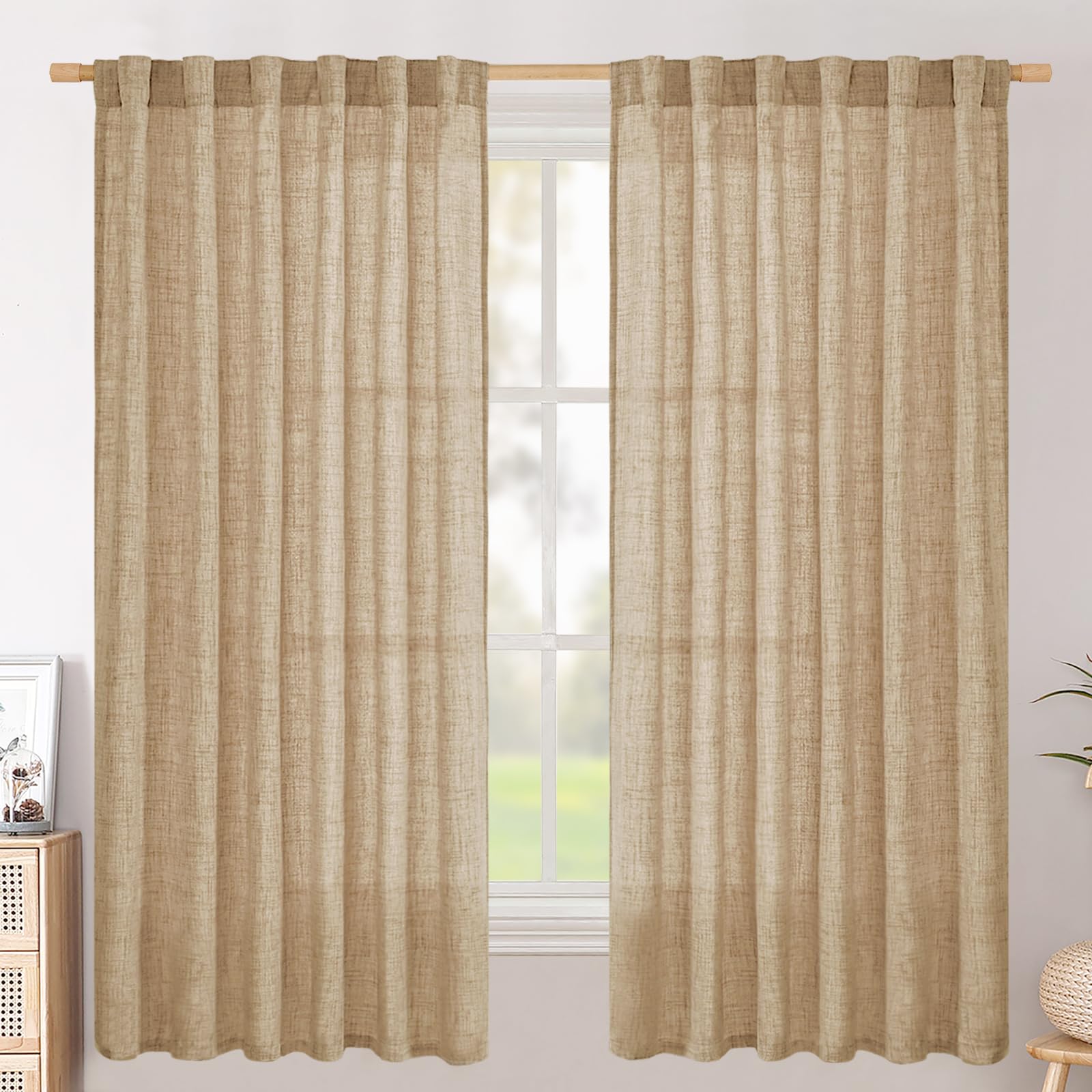 BGment Long 102 Inch Length Linen Curtains for Living Room, Natural Rod Pocket Textured Burlap Drapes Rustic Country Light Filtering for Bedroom Semi Sheer Back Tab, 2 Panel, 52 Inch Wide Each Panel