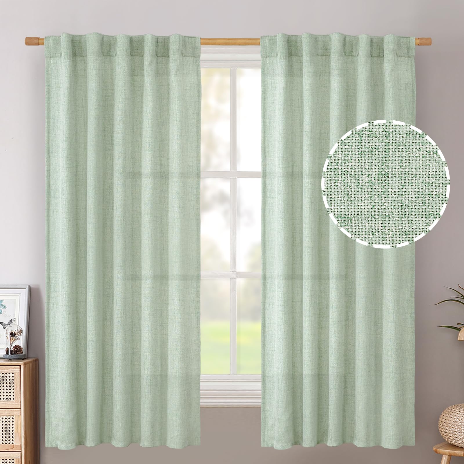 BGment Long 102 Inch Length Linen Curtains for Living Room, Natural Rod Pocket Textured Burlap Drapes Rustic Country Light Filtering for Bedroom Semi Sheer Back Tab, 2 Panel, 52 Inch Wide Each Panel