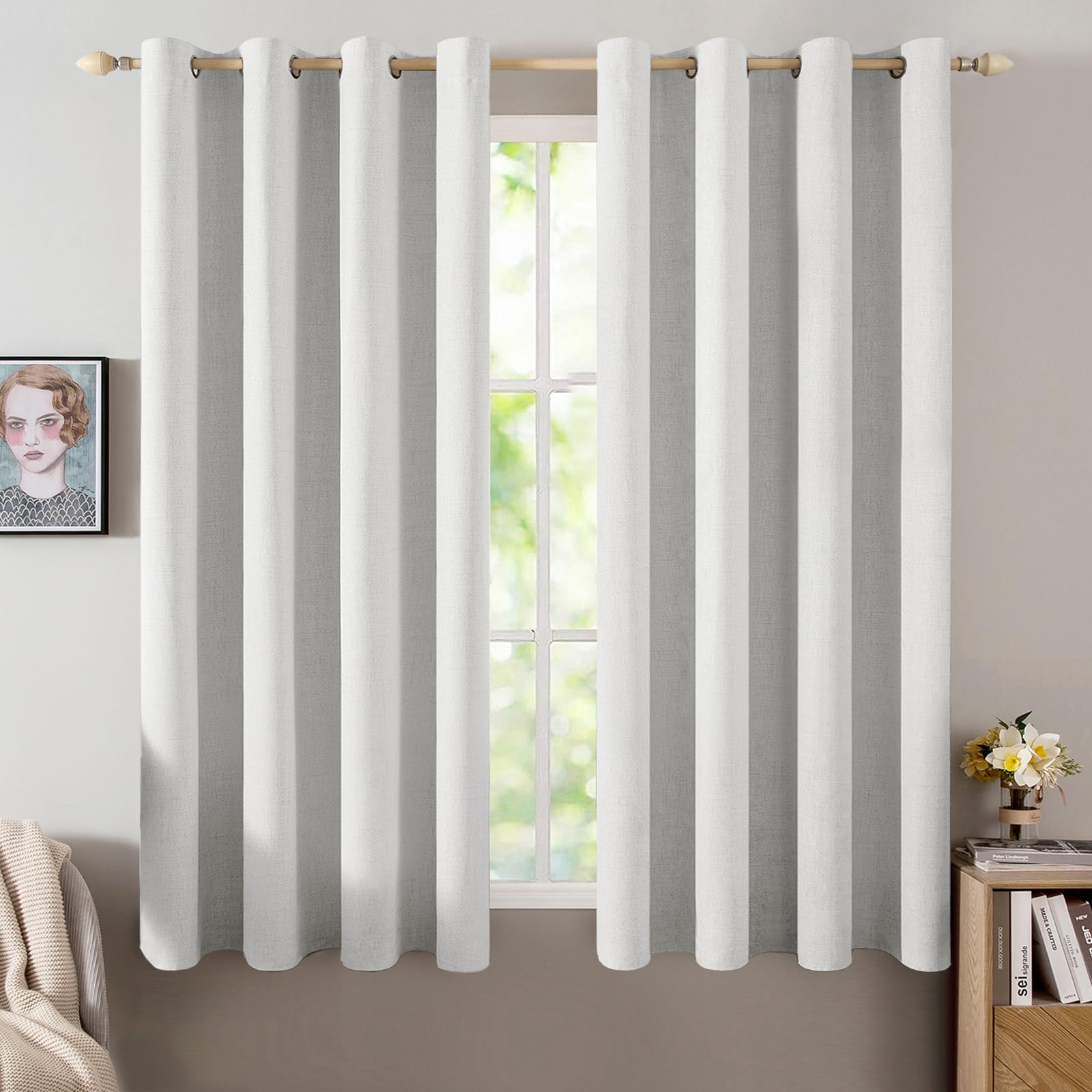 MIULEE 100% Blackout Linen Curtains for Bedroom Thermal Insulated Birch Grommet Room Darkening Curtains & Drapes for Living Room Nursery 52 x 96 Inch (2 Panels)