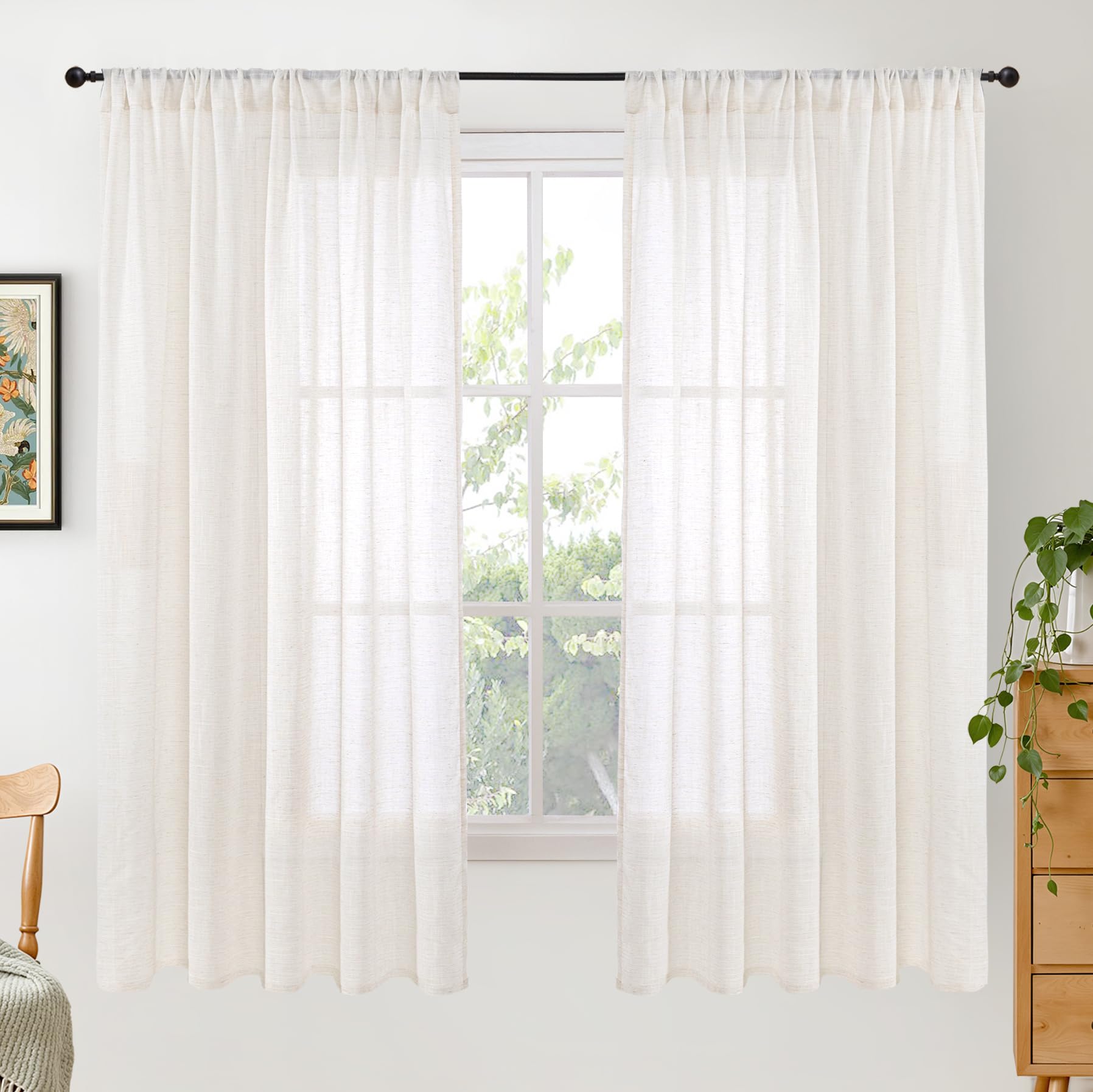 BGment 90 Inches Long Curtains Linen Semi Sheer, Light Filtering Window Treatments Drapes with Rod Pocket Lightweight for Living Room Bedroom, 2 Panels, 52 Inch Wide Each Panel