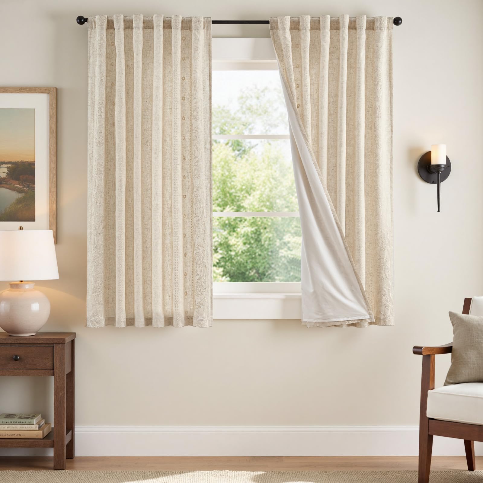 jinchan Winslow Linen Curtains for Bedroom 84 Inches Length Embroidered Bordered Floral Curtains for Living Room Farmhouse Decor Light Filtering Window Treatments Sage on Beige Drapes 2 Panels
