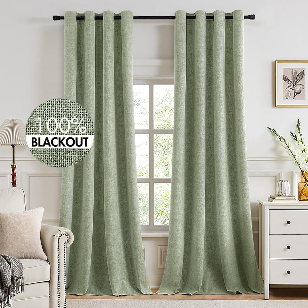 MIULEE 100% Blackout Linen Curtains for Bedroom Thermal Insulated Birch Grommet Room Darkening Curtains & Drapes for Living Room Nursery 52 x 96 Inch (2 Panels)