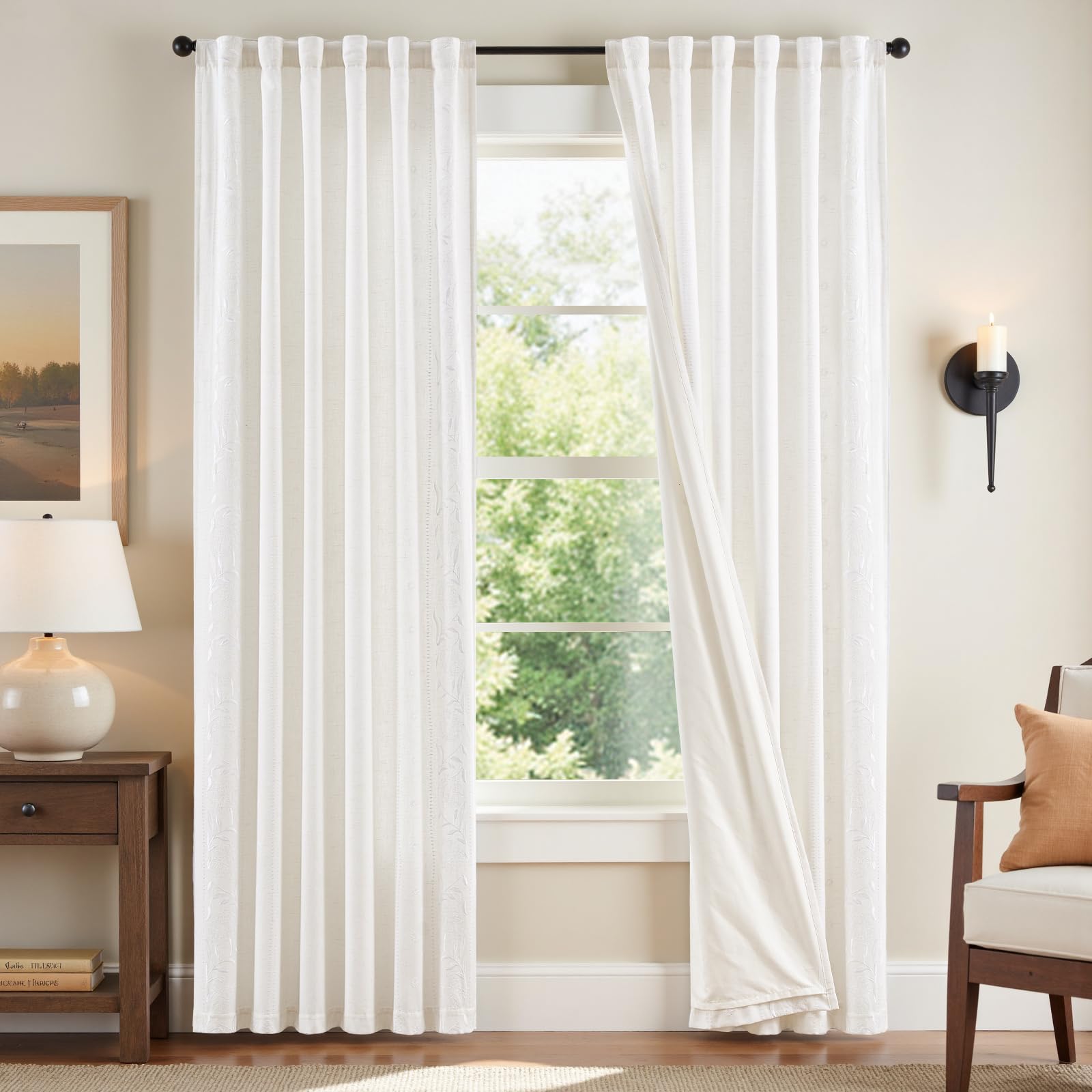 jinchan Winslow Linen Curtains for Bedroom 84 Inches Length Embroidered Bordered Floral Curtains for Living Room Farmhouse Decor Light Filtering Window Treatments Sage on Beige Drapes 2 Panels