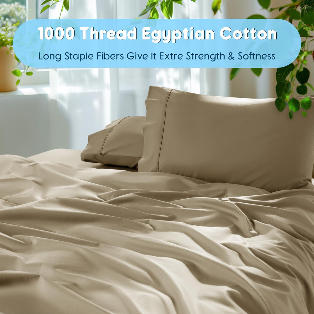 SONORO KATE 100% Egyptian Cotton Sheets Set, Extra Deep Pocket up to 18"-24",1000 High Thread Count, Soft & Breathable 5-Star Hotel Sateen Bed Sheets - 4 PC (Linen,Queen)