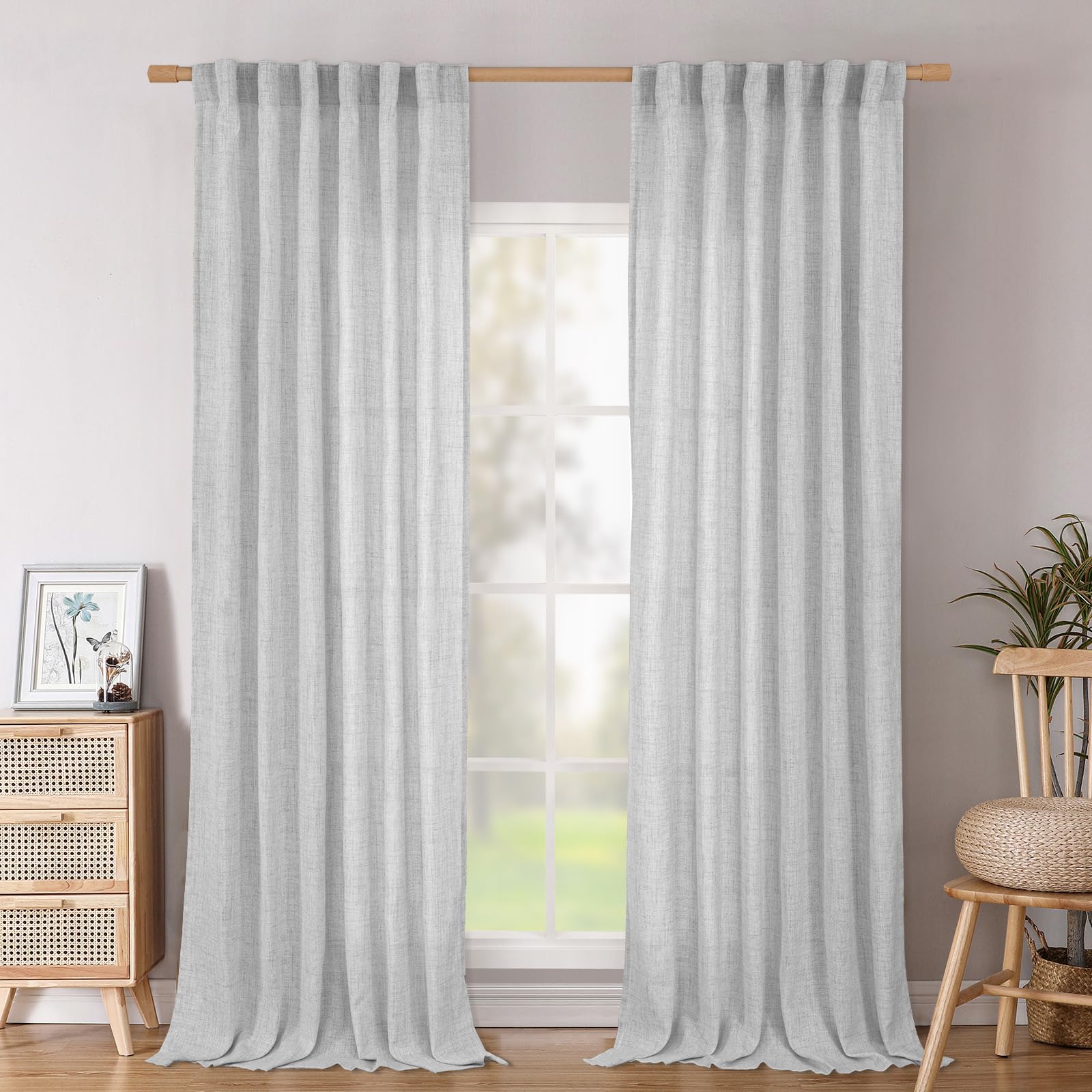 BGment Long 102 Inch Length Linen Curtains for Living Room, Natural Rod Pocket Textured Burlap Drapes Rustic Country Light Filtering for Bedroom Semi Sheer Back Tab, 2 Panel, 52 Inch Wide Each Panel
