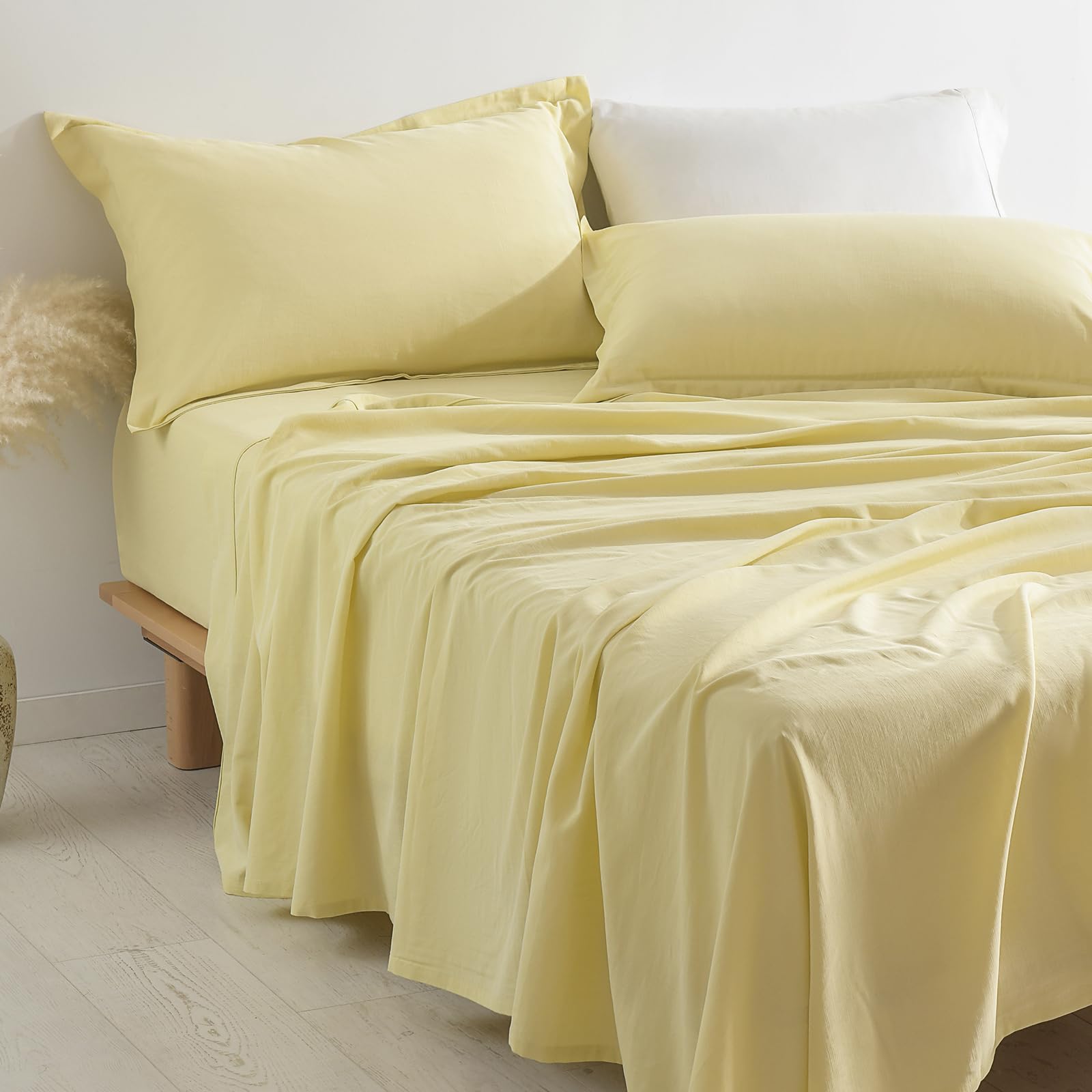 PANDATEX Beige Linen-Textured Bed Sheets Set, Bamboo Rayon, Cotton, Linen Blend Bed Sheets King Size, Soft Cool & Breathable for Hot Sleepers,Durable Natural Organic Bed 15'' Deep Pocket - 4 Piece