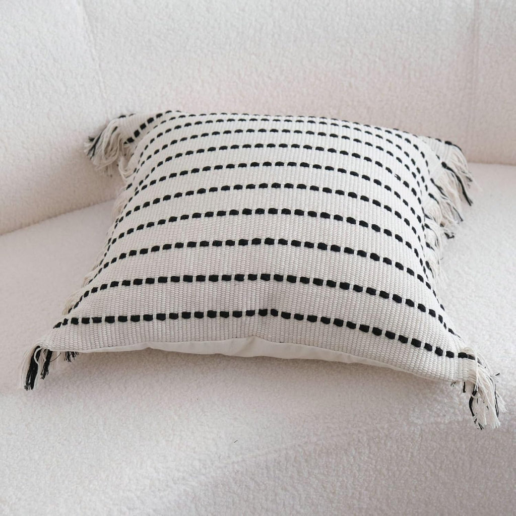 Square Boho Striped Tassel Edge Cushion Cover Cotton Linen Living Room Throw Pillow Covers,Beige,45 x 45 cm