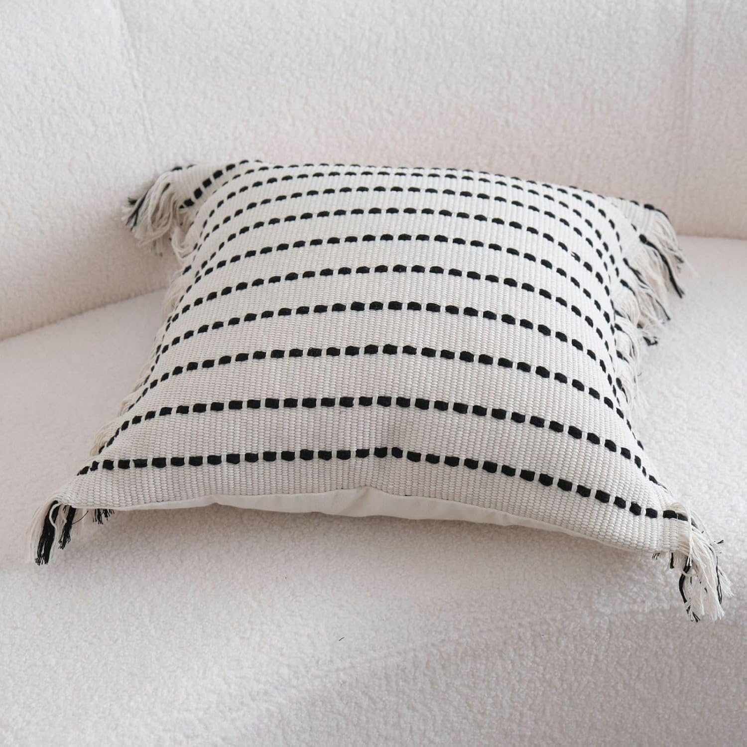 Square Boho Striped Tassel Edge Cushion Cover Cotton Linen Living Room Throw Pillow Covers,Beige,45 x 45 cm