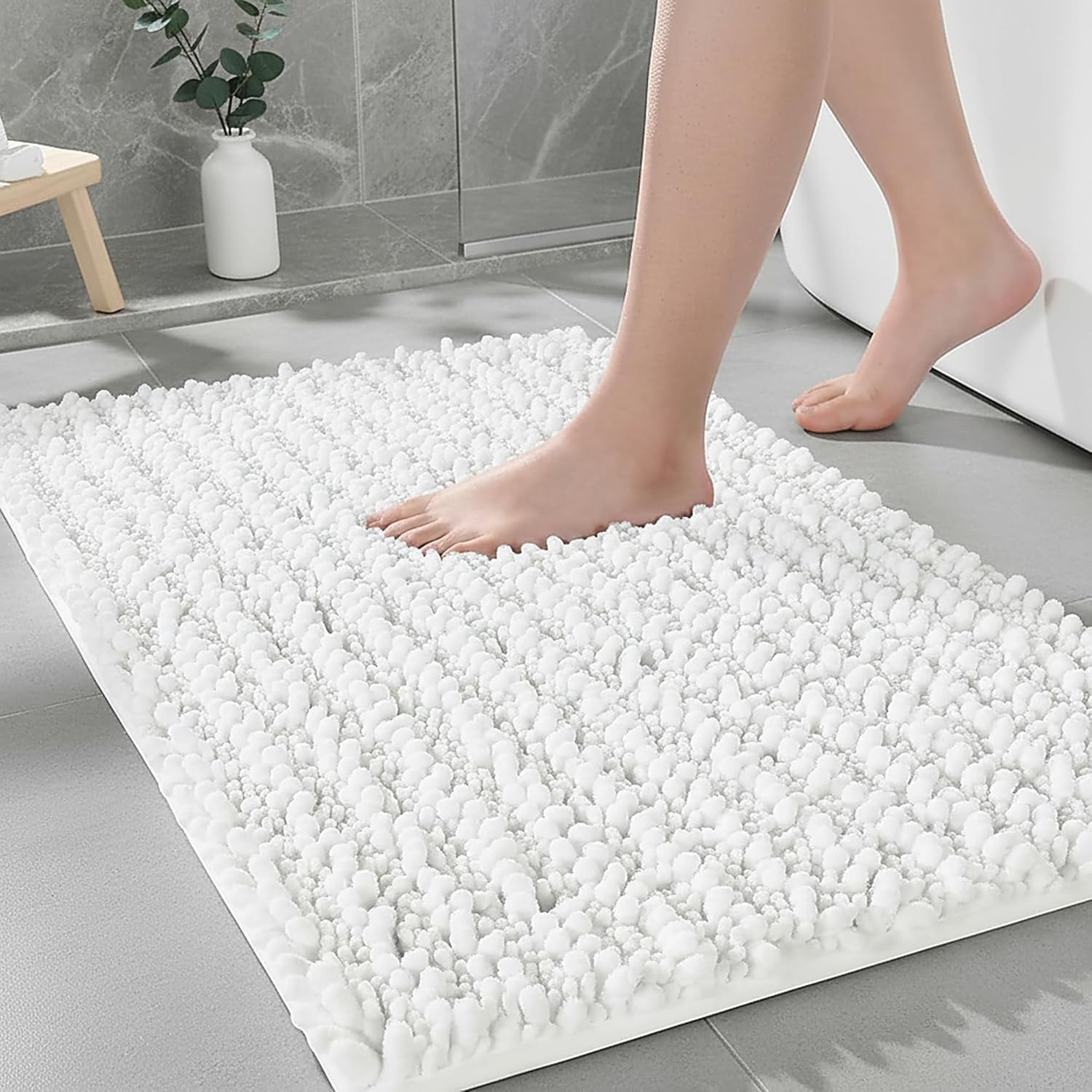 Bathroom Rugs Non Slip Washable 70x24, Extra Thick Soft Chenille Absorbent Bath Mat, High Density Barrier Non Slip Backing, Quick Dry Plush Shaggy Floor Carpet for Tub&Shower, White